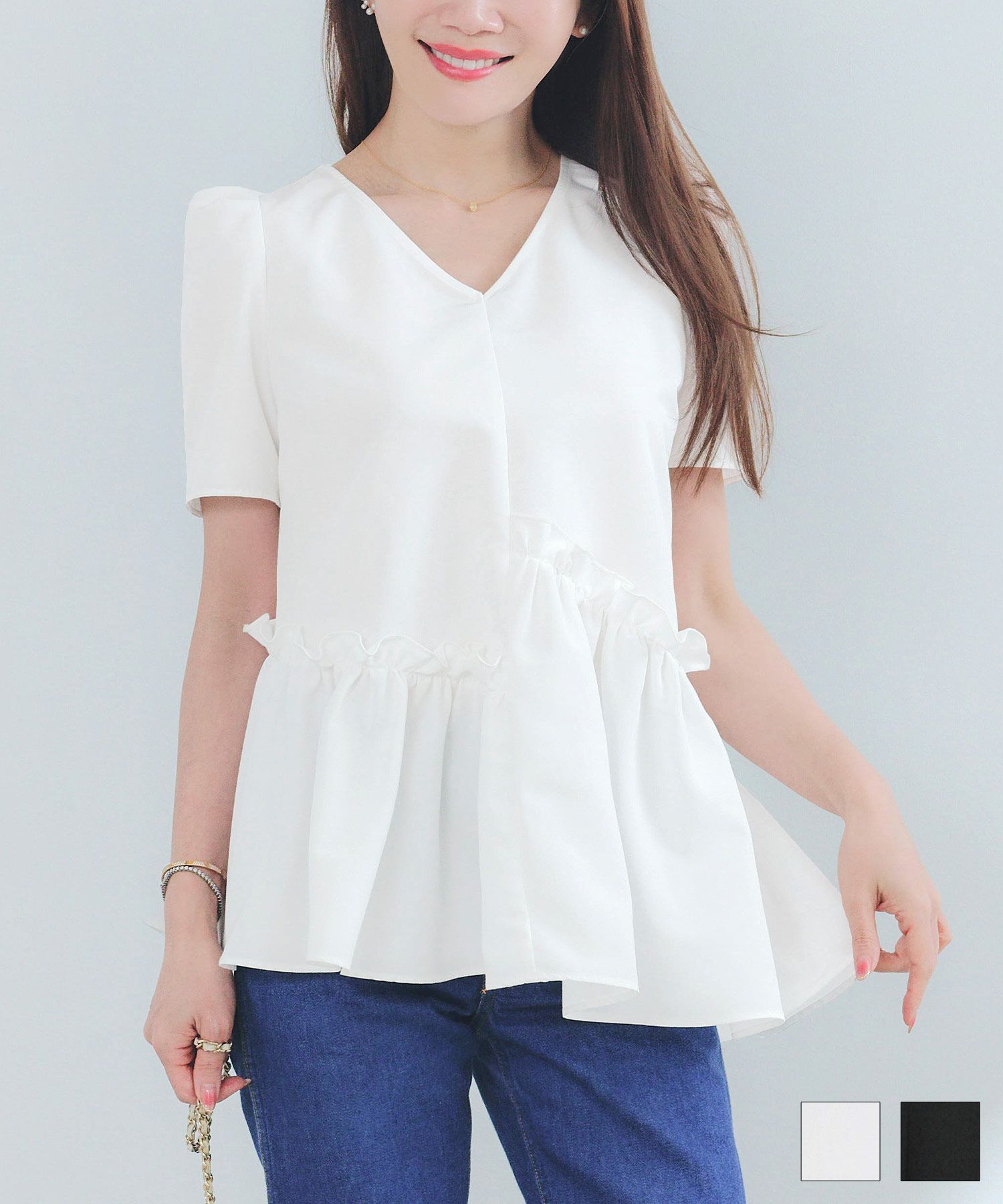 スラッシュ切り替えペプラムブラウスLiala×PGホワイト/ブラック