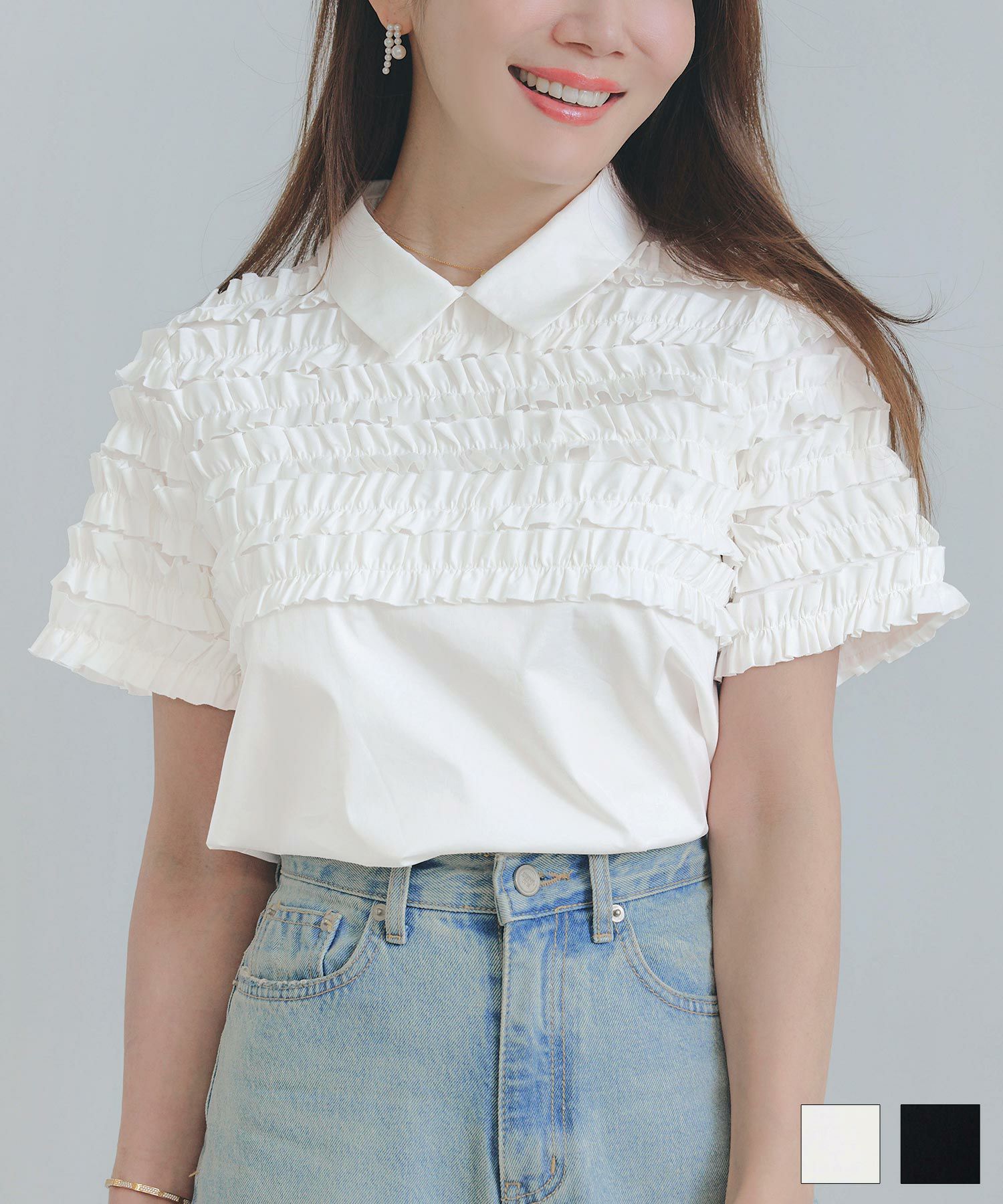 ホイップフリル襟付きブラウスLiala×PGホワイト/ブラック