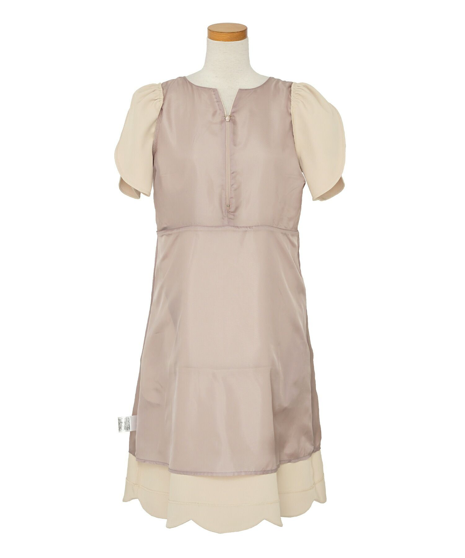 レディース/ワンピース/M/L/サイズ展開/スカラップ/セパレート風/膝丈/膝下丈/半袖/チューリップスリーブ/フレア/ゆとり/ゆったり/妊婦/産前産後/フロントファスナー/パール/授乳/ママ/授業参観/お宮参り/オケージョン/ピンクベージュ/ネイビー