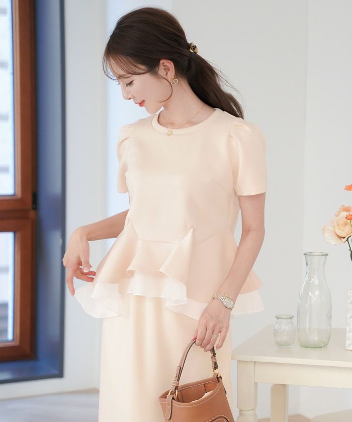 SUMMER-SALE ダンボールニット 半袖 ペプラム カットソー le