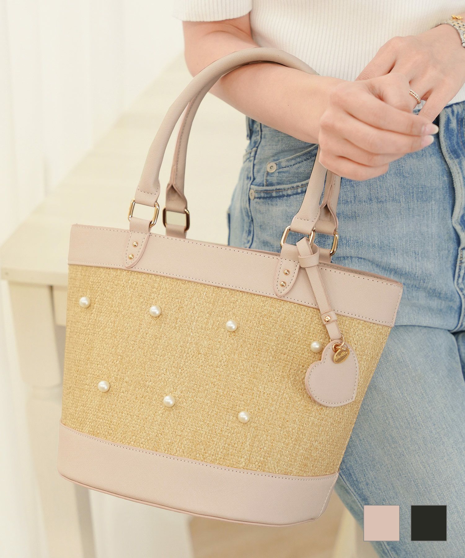 ハートチャーム付きパールスタッズカゴバックlerevevanillerピンク/ブラック