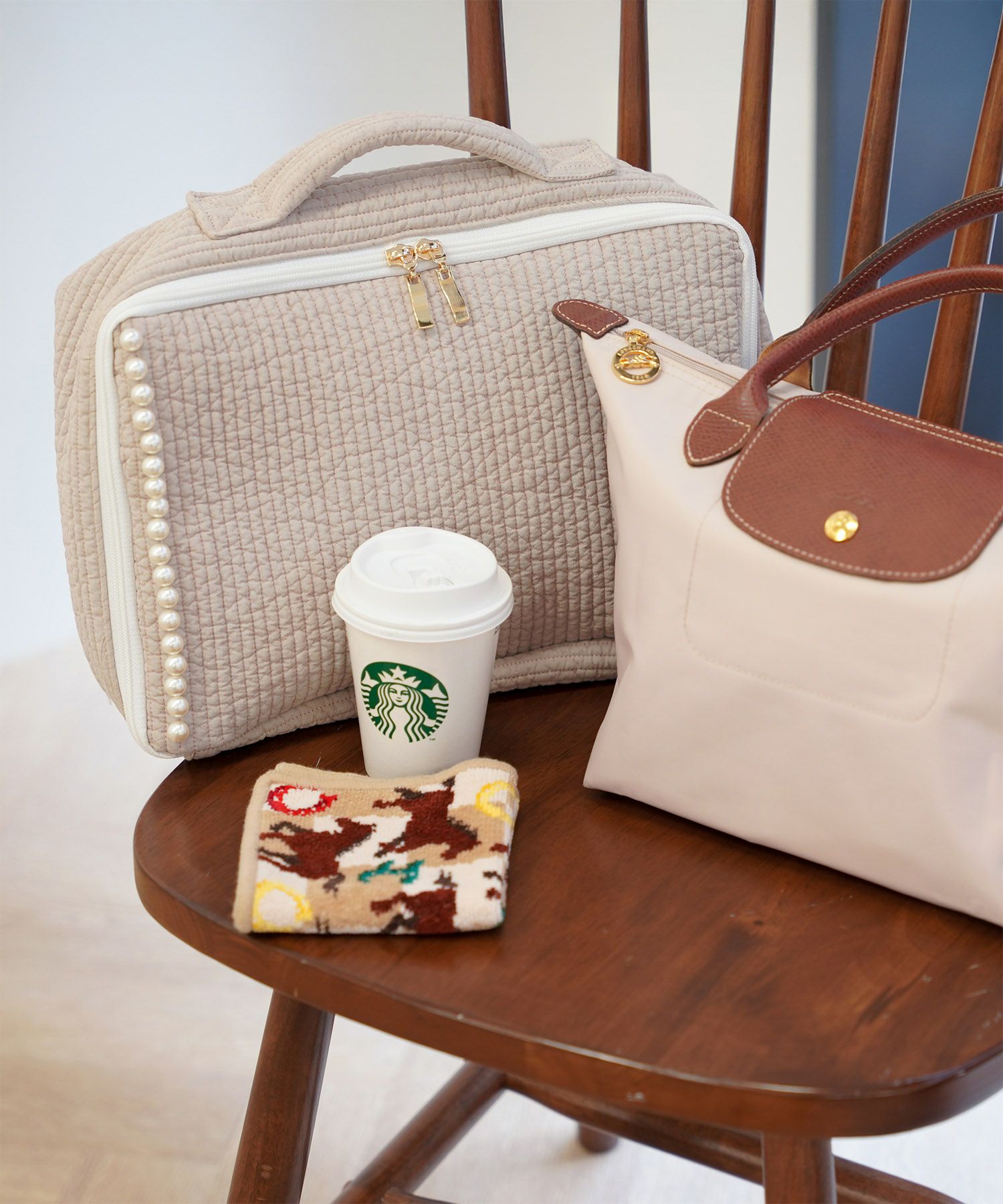 ポーチ パール トワルドジュイ ヌビ 韓国 トラベルポーチ ベージュ チャコール ピンクジュイ柄 グレージュイ柄 パールトリム