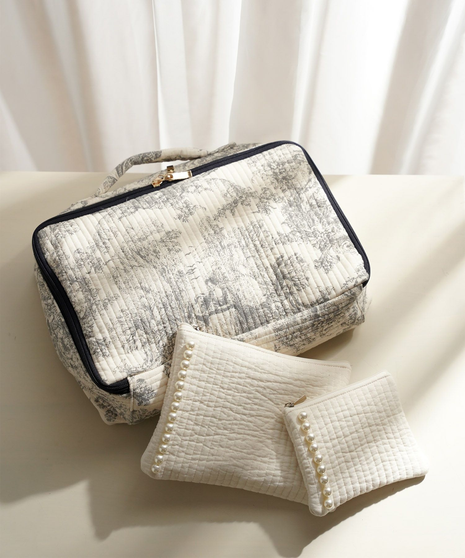 ポーチ パール ヌビ 韓国 アイボリー グレー チャコール ブラック パールトリム フラット ミニ