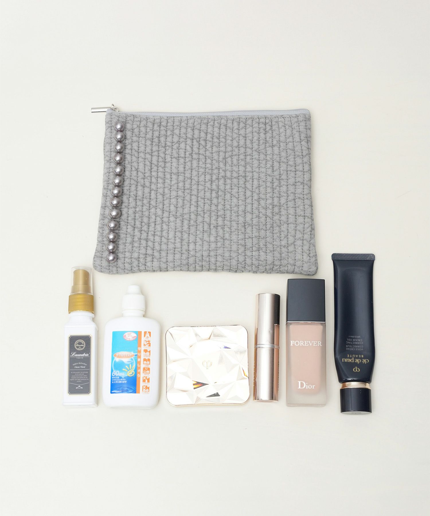 ポーチ パール ヌビ 韓国 アイボリー グレー チャコール ブラック パールトリム フラット ミドル