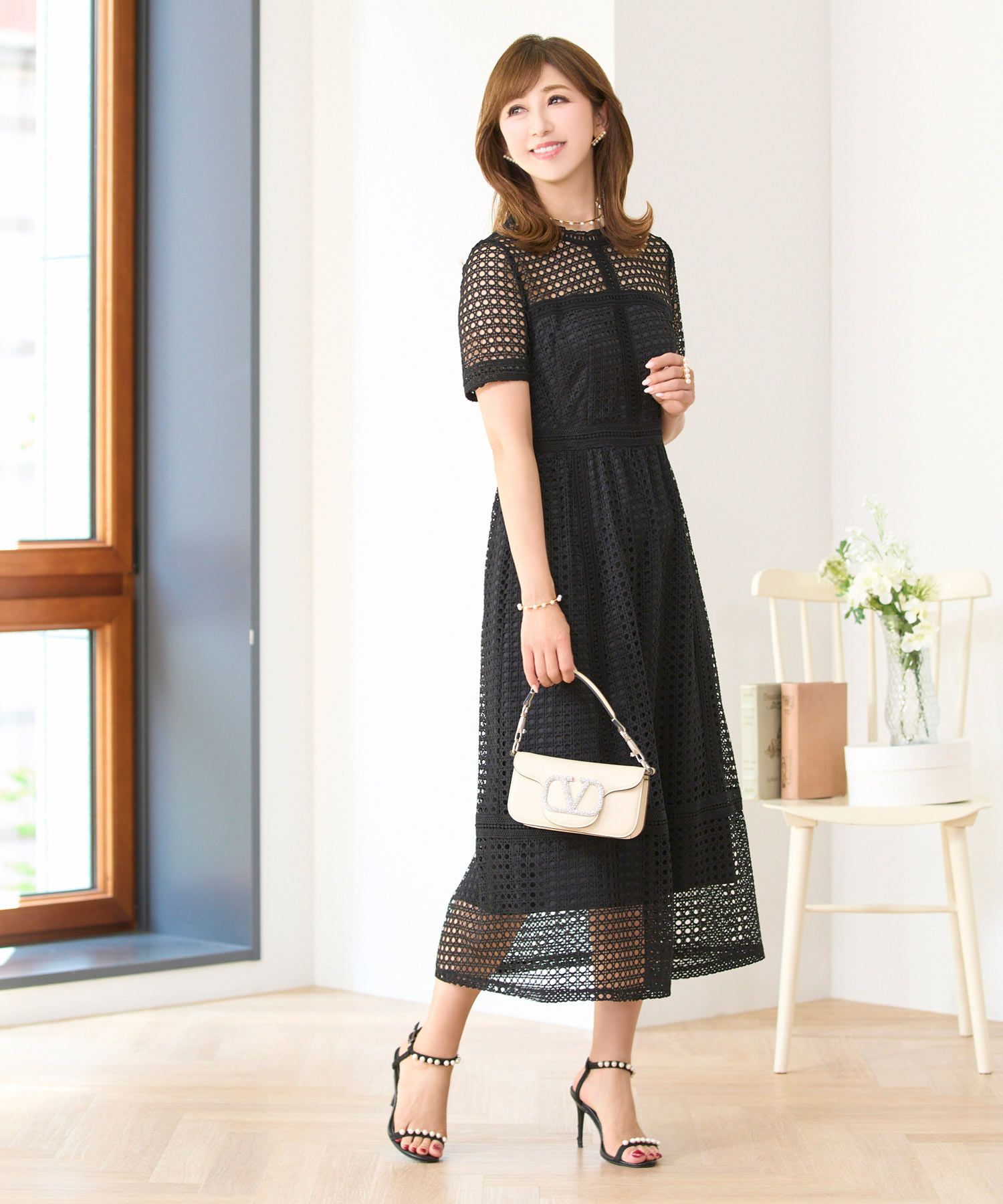 NOVESPAZIO ブラックグレージュシアーワンピース S レースコンビ  