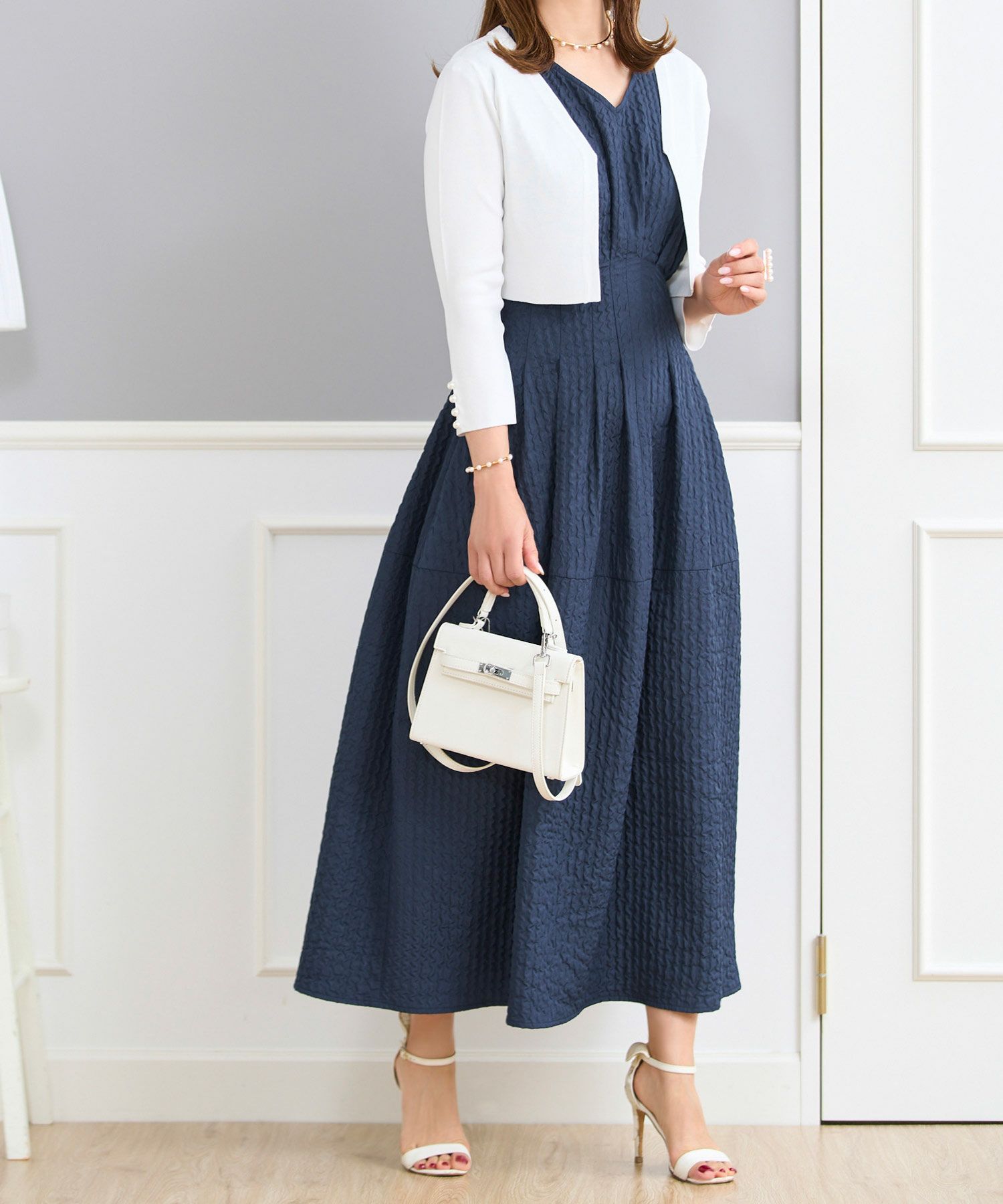 ワンピースレディース春夏秋ピンクロングマキシノースリーブ上品かわいいきれいめオフィスフィット&フレアジョイントスペース