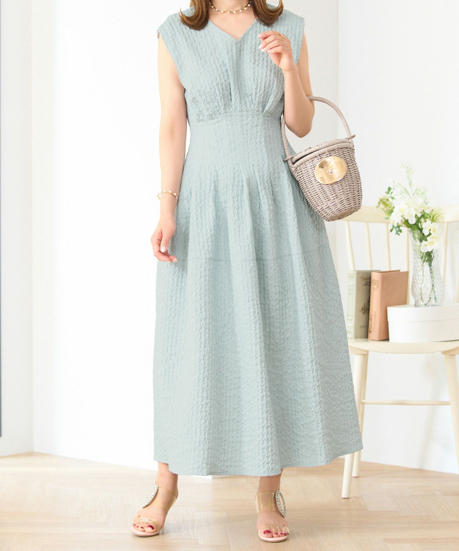 ワンピースレディース春夏秋ピンクロングマキシノースリーブ上品かわいいきれいめオフィスフィット&フレアジョイントスペース