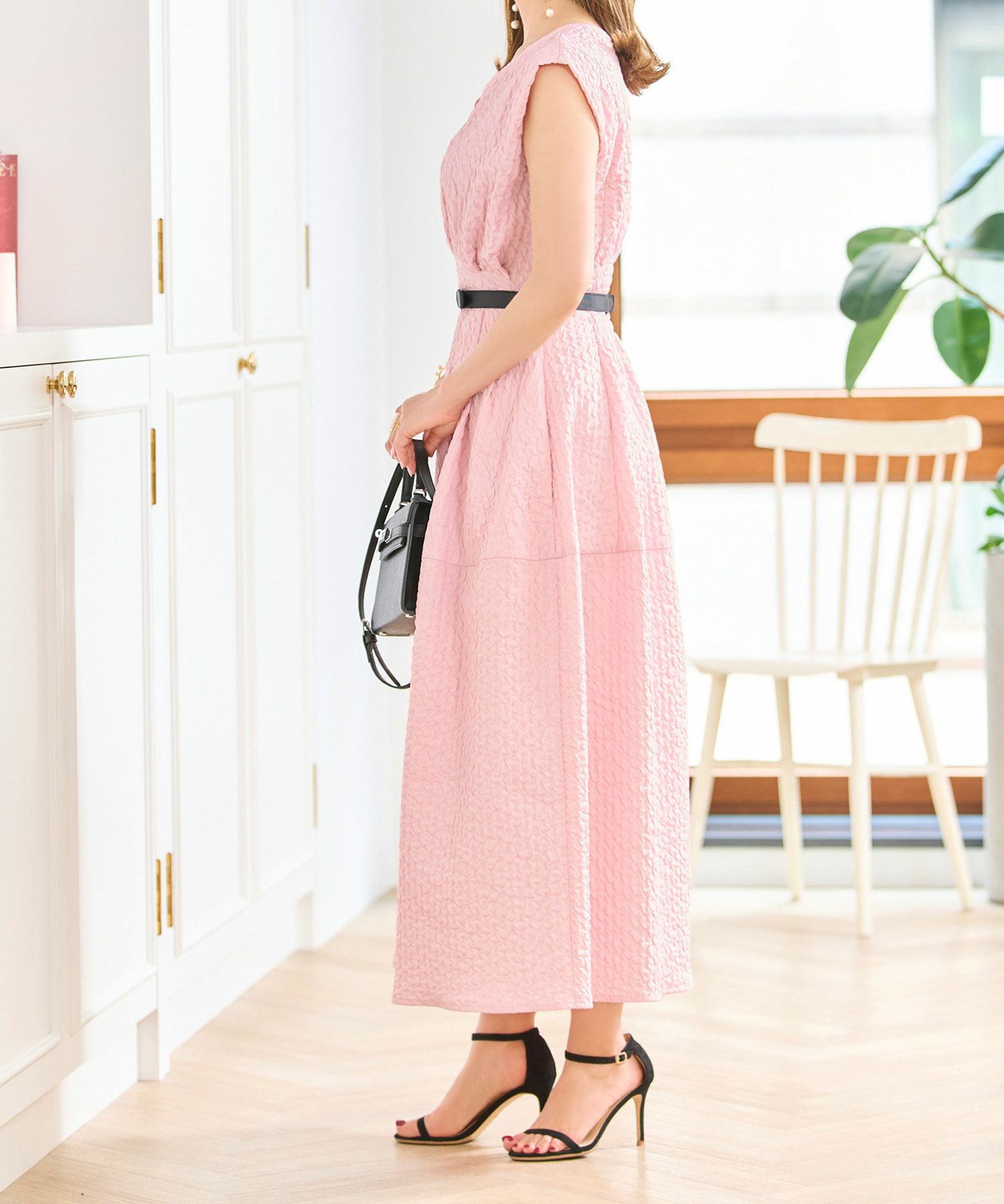 ワンピースレディース春夏秋ピンクロングマキシノースリーブ上品かわいいきれいめオフィスフィット&フレアジョイントスペース