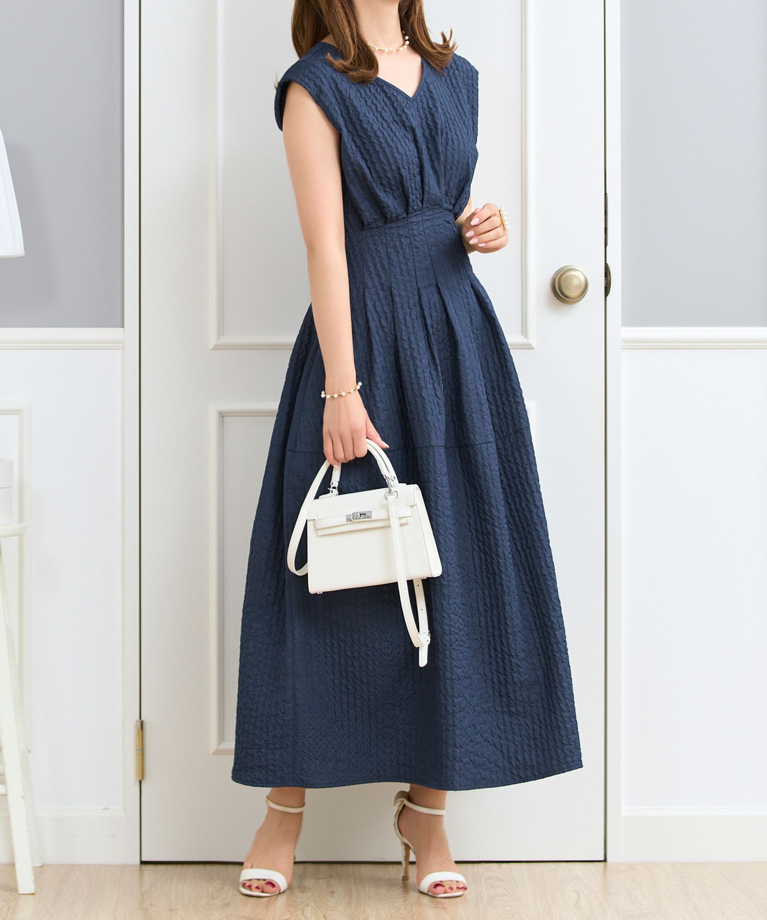 ワンピースレディース春夏秋ピンクロングマキシノースリーブ上品かわいいきれいめオフィスフィット&フレアジョイントスペース