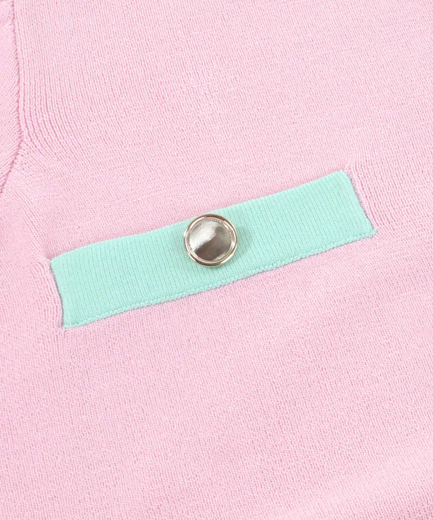 ニットカーディガンレディースピンク白黒春夏かわいい洗濯可大人配色きれいめ上品ジョイントスペース