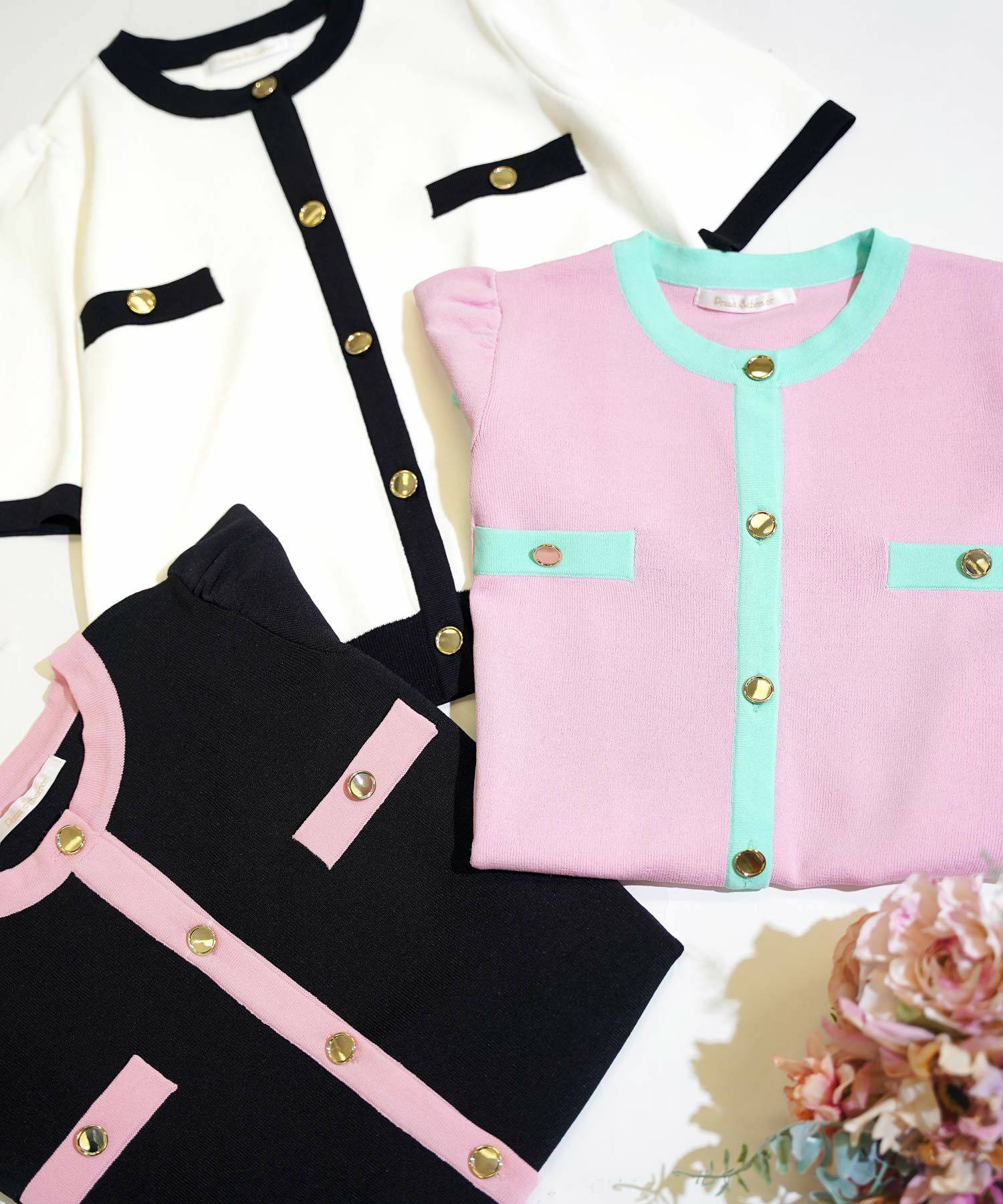 ニットカーディガンレディースピンク白黒春夏かわいい洗濯可大人配色きれいめ上品ジョイントスペース