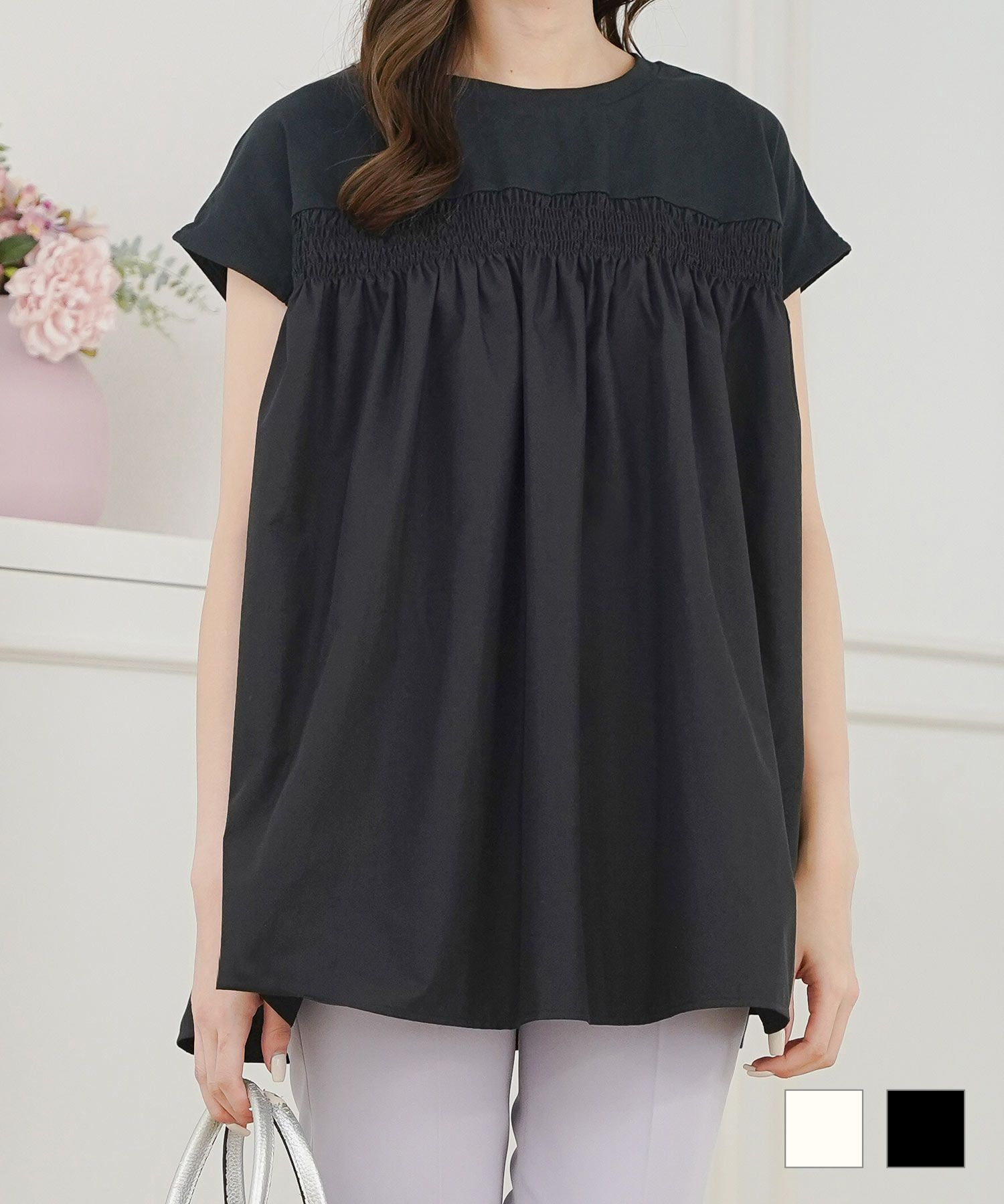 シャーリング異素材切り替えカットソーブラウスPrimaScherrerplus全2色｜psc561-0959【1】