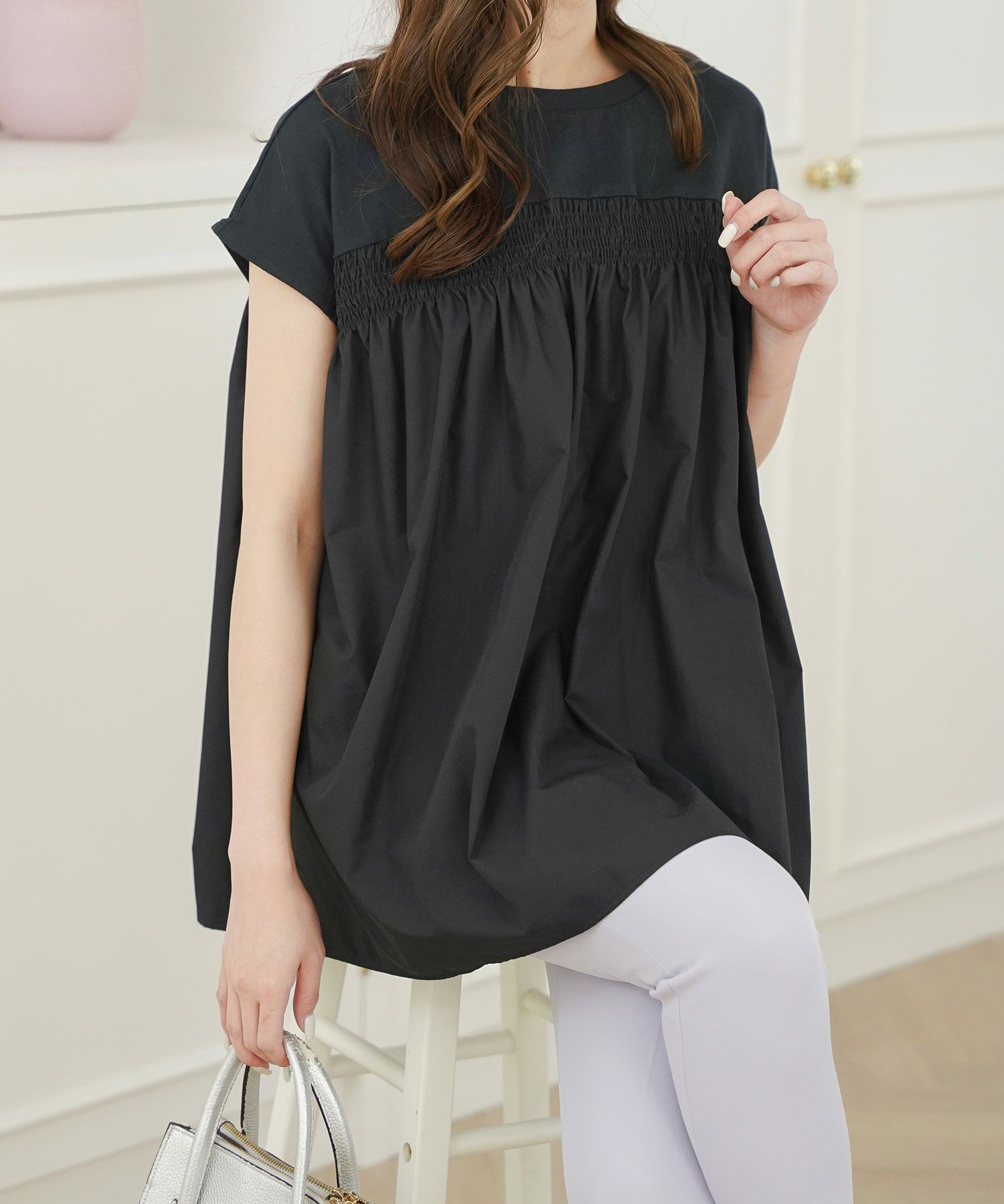 セレクトトップスレディースきれいめオフィス夏大きめ長め丈チュニック袖あり白黒かわいい大人ジョイントスペース