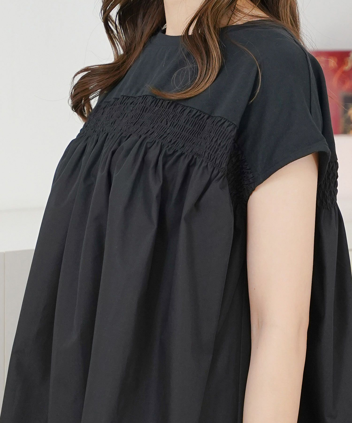 セレクトトップスレディースきれいめオフィス夏大きめ長め丈チュニック袖あり白黒かわいい大人ジョイントスペース