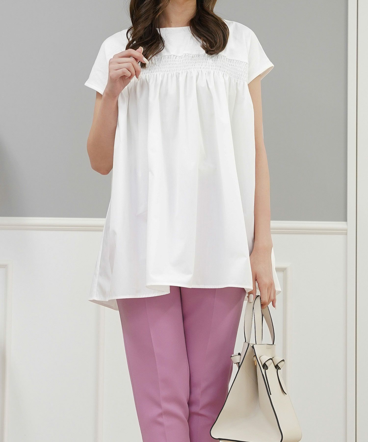 セレクトトップスレディースきれいめオフィス夏大きめ長め丈チュニック袖あり白黒かわいい大人ジョイントスペース