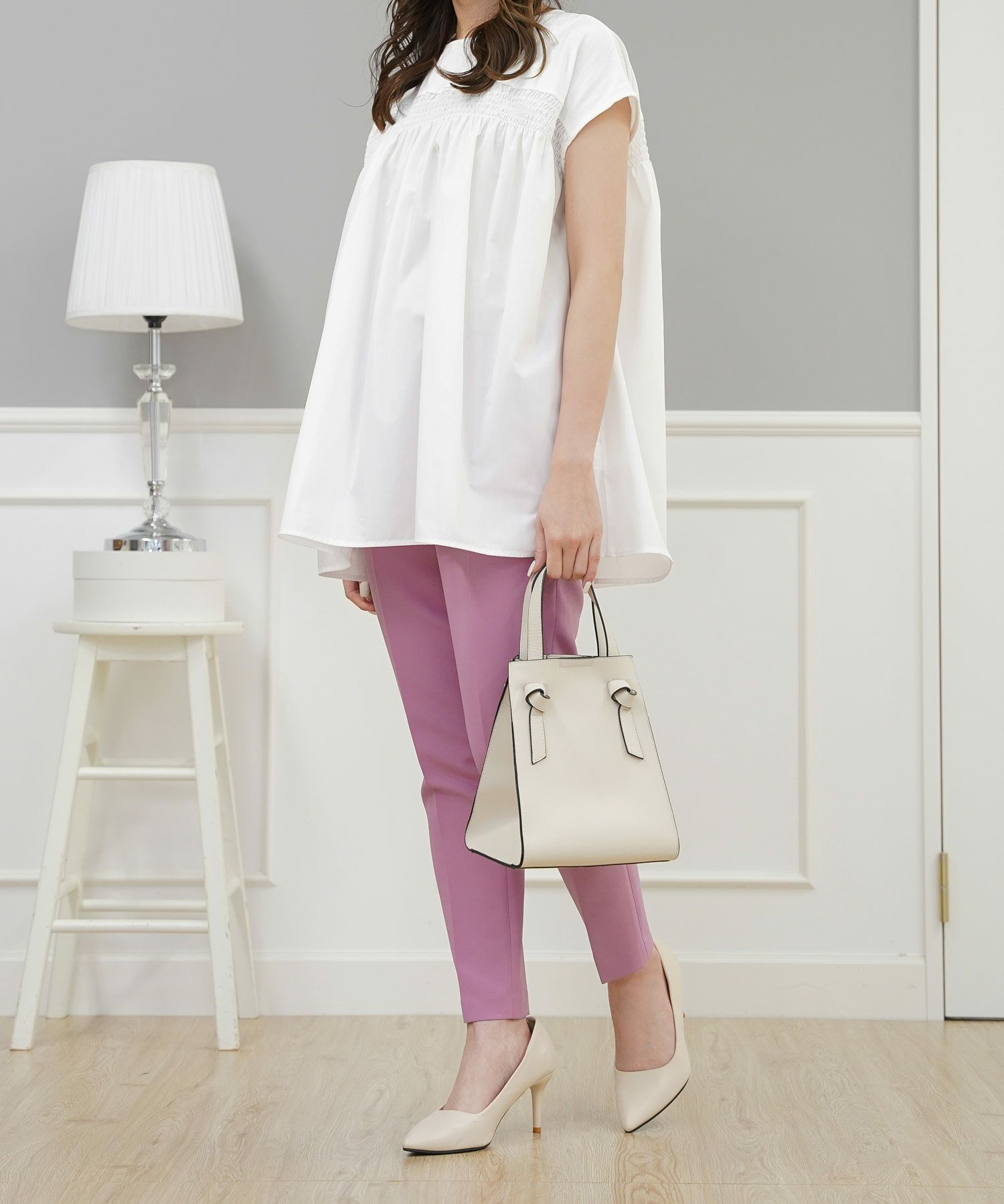 セレクトトップスレディースきれいめオフィス夏大きめ長め丈チュニック袖あり白黒かわいい大人ジョイントスペース