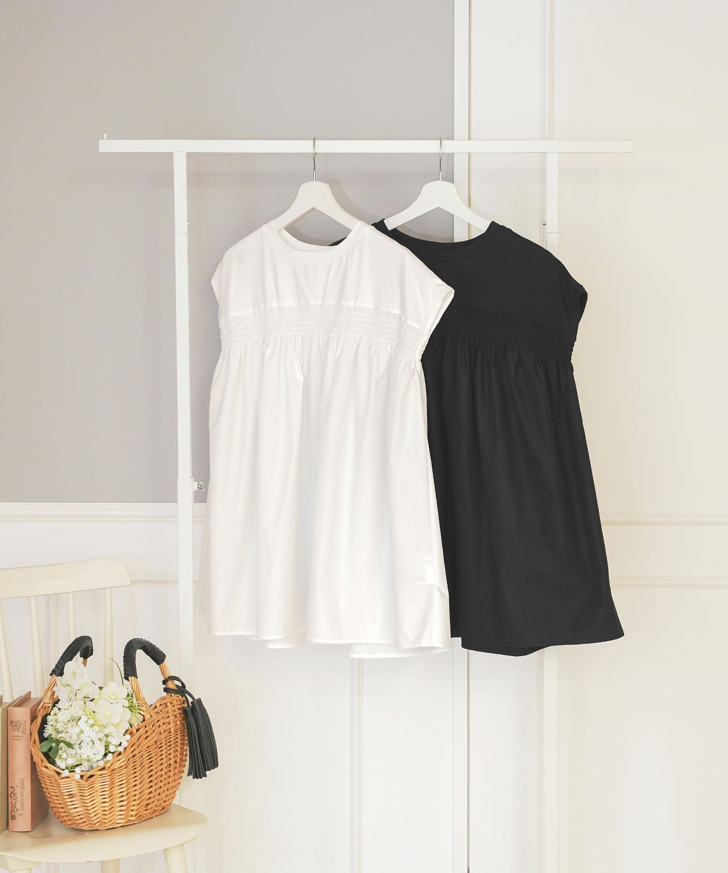 セレクトトップスレディースきれいめオフィス夏大きめ長め丈チュニック袖あり白黒かわいい大人ジョイントスペース