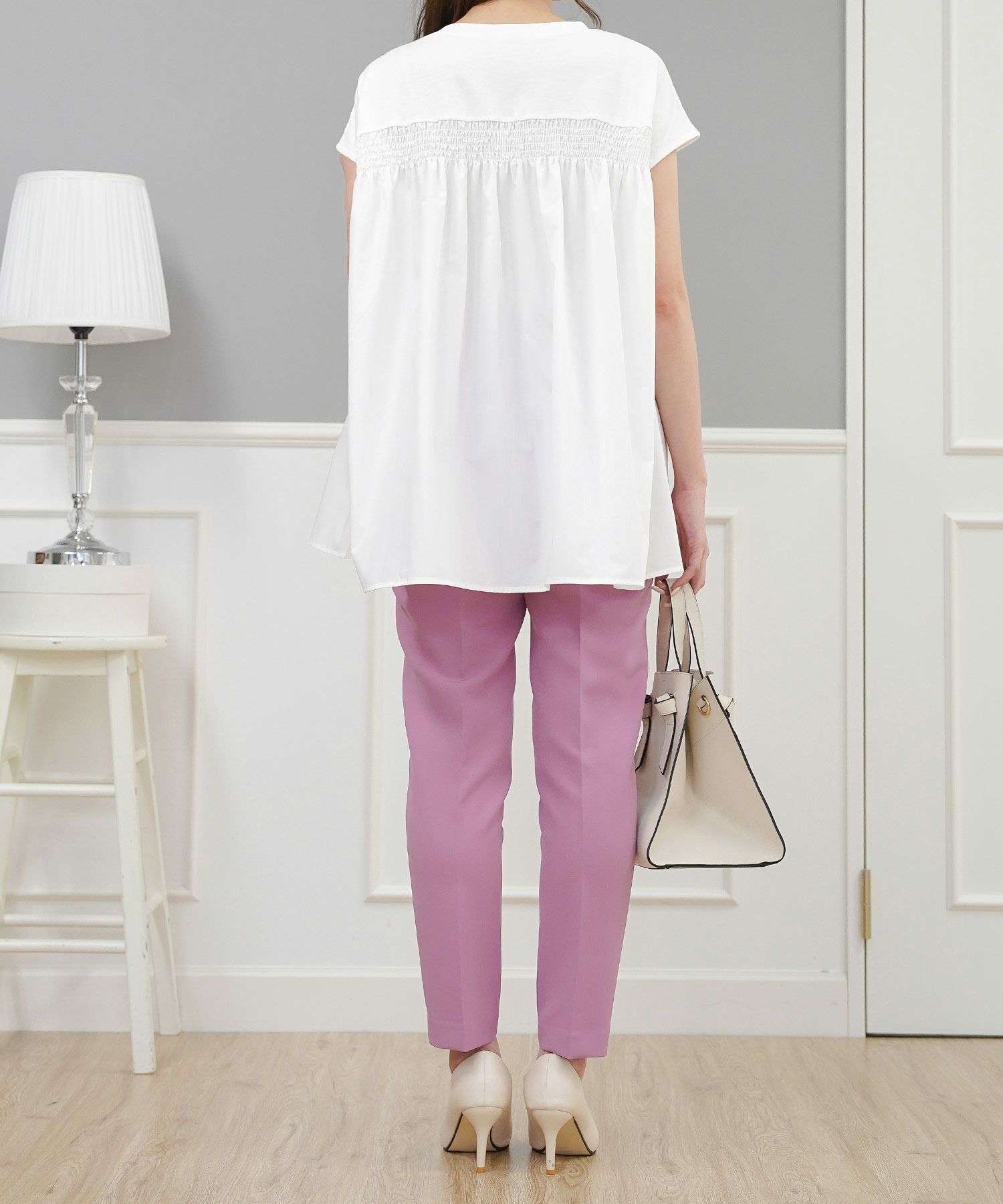 セレクトトップスレディースきれいめオフィス夏大きめ長め丈チュニック袖あり白黒かわいい大人ジョイントスペース