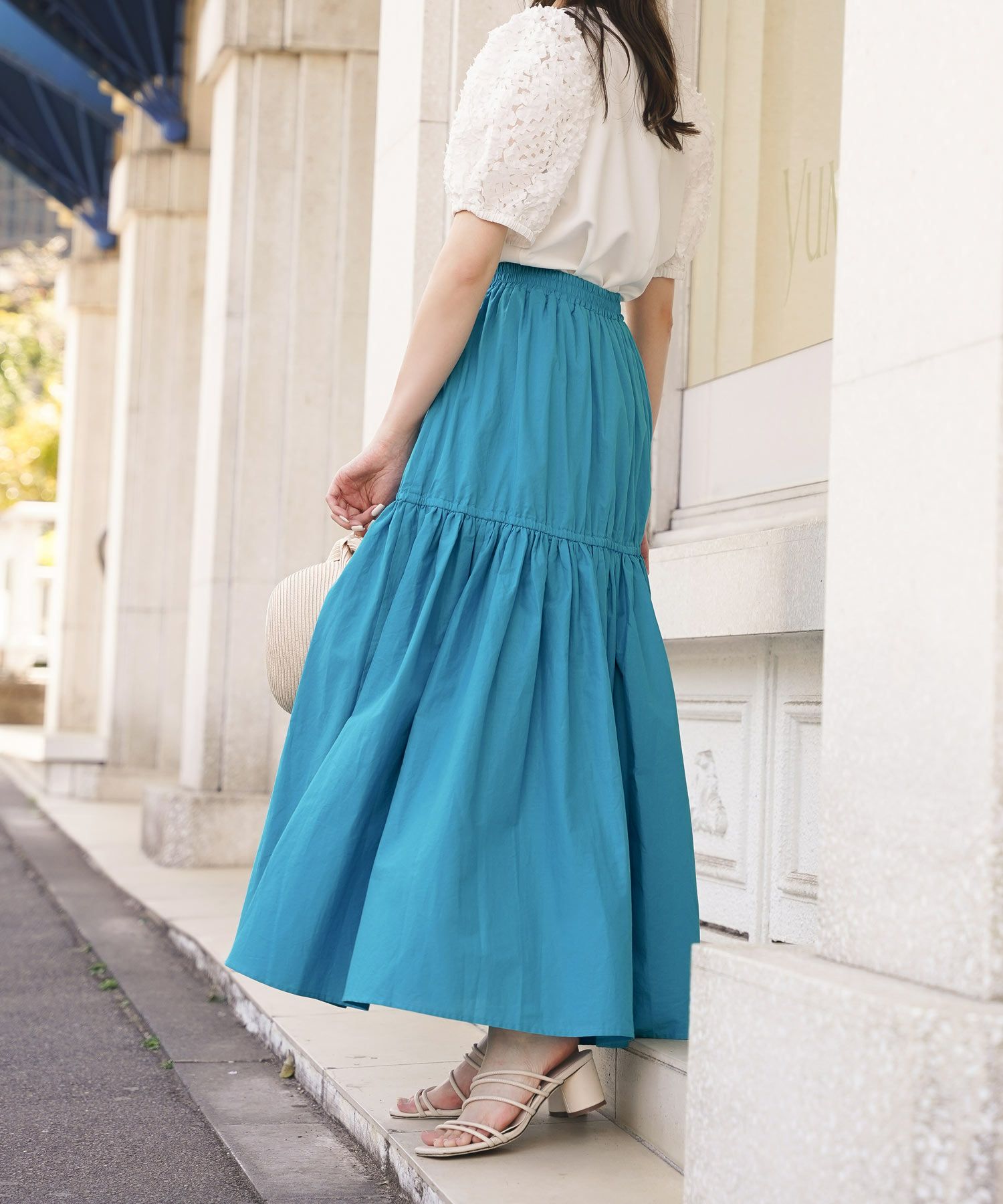 セレクトボトムススカートロングギャザードレープフレア春夏秋白青レディースオフィスかわいいジョイントスペース