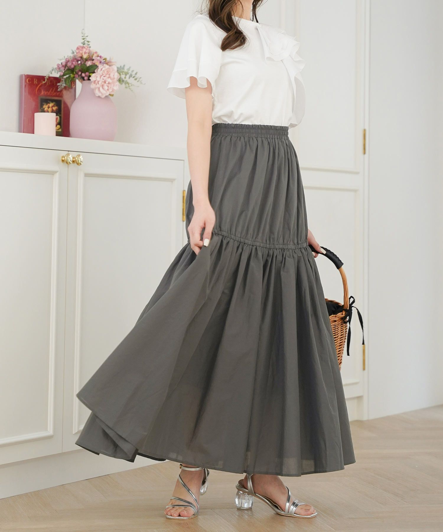 セレクトボトムススカートロングギャザードレープフレア春夏秋白青レディースオフィスかわいいジョイントスペース