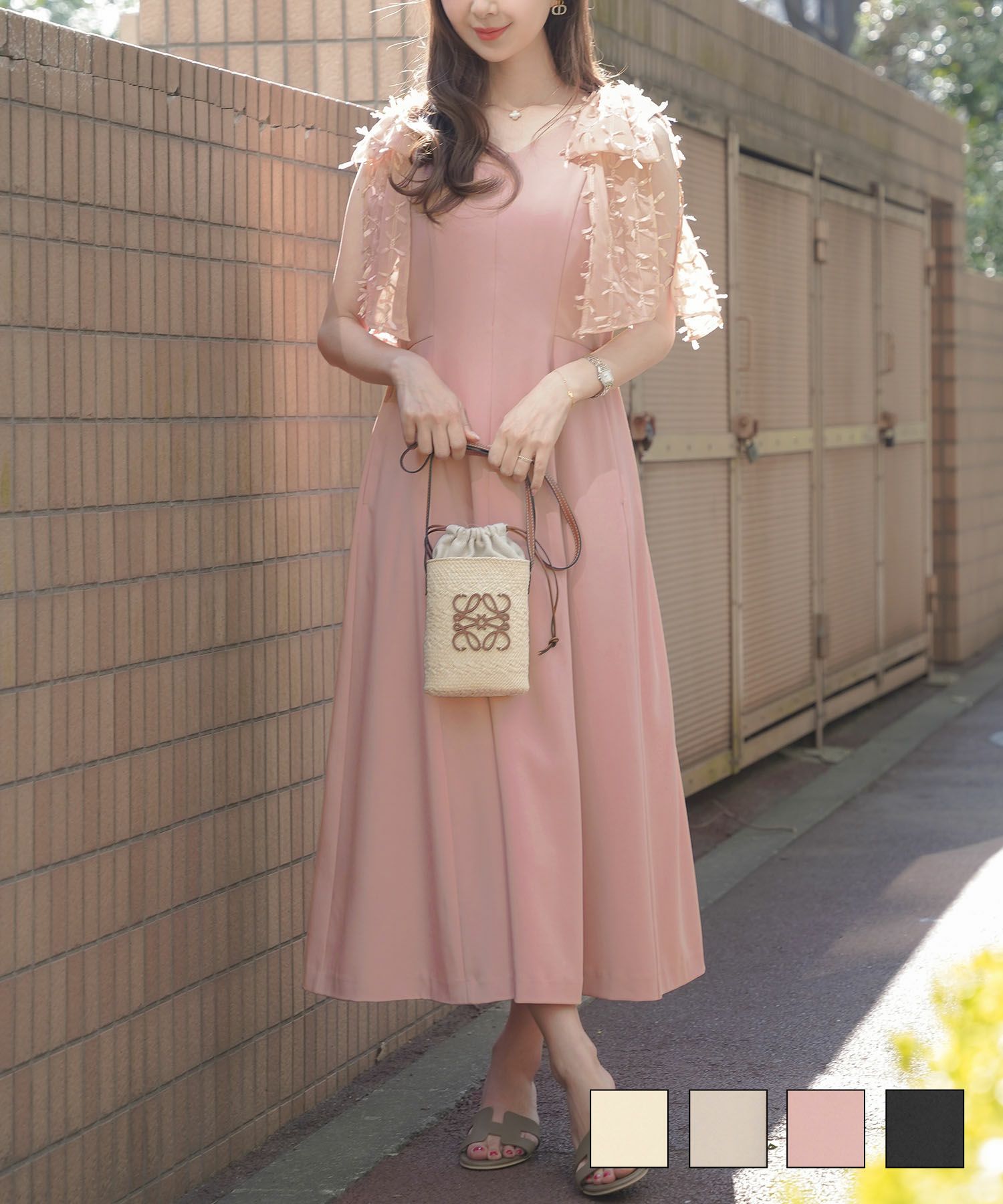 肩リボンノースリーブファスナーワンピースlerevevanillerアイボリー/グレージュ/ピンク/ブラック