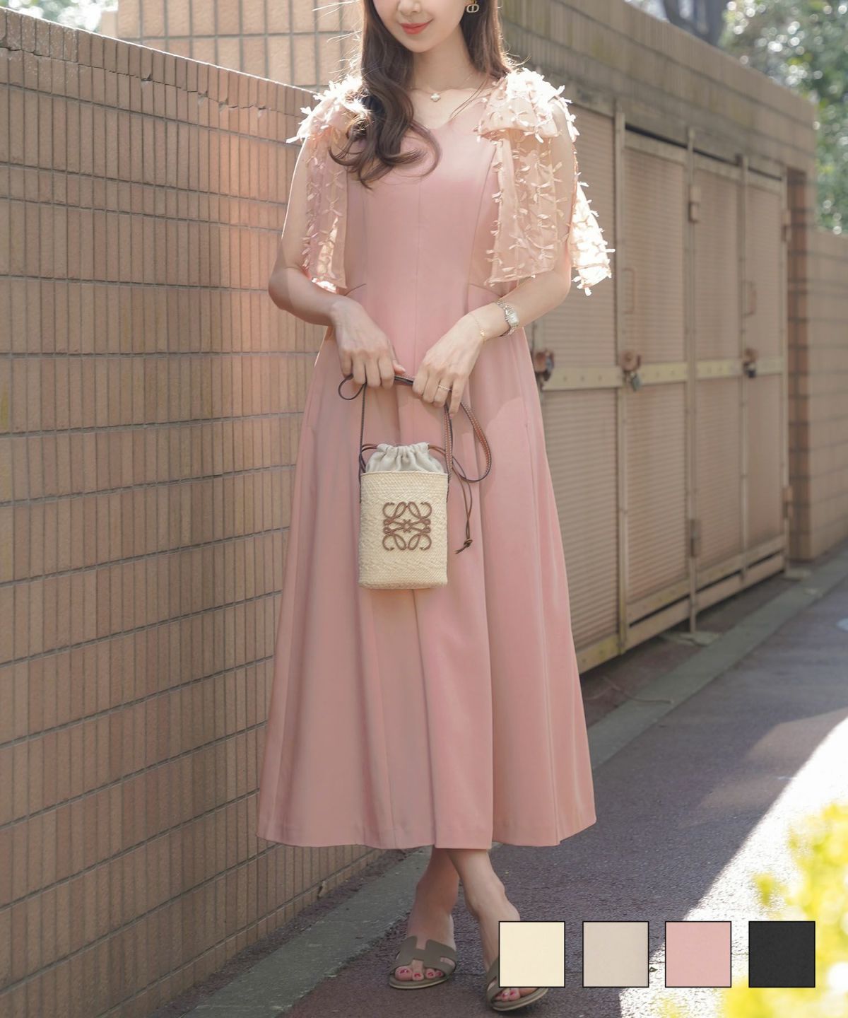 肩リボンノースリーブファスナーワンピースlerevevanillerアイボリー/グレージュ/ピンク/ブラック