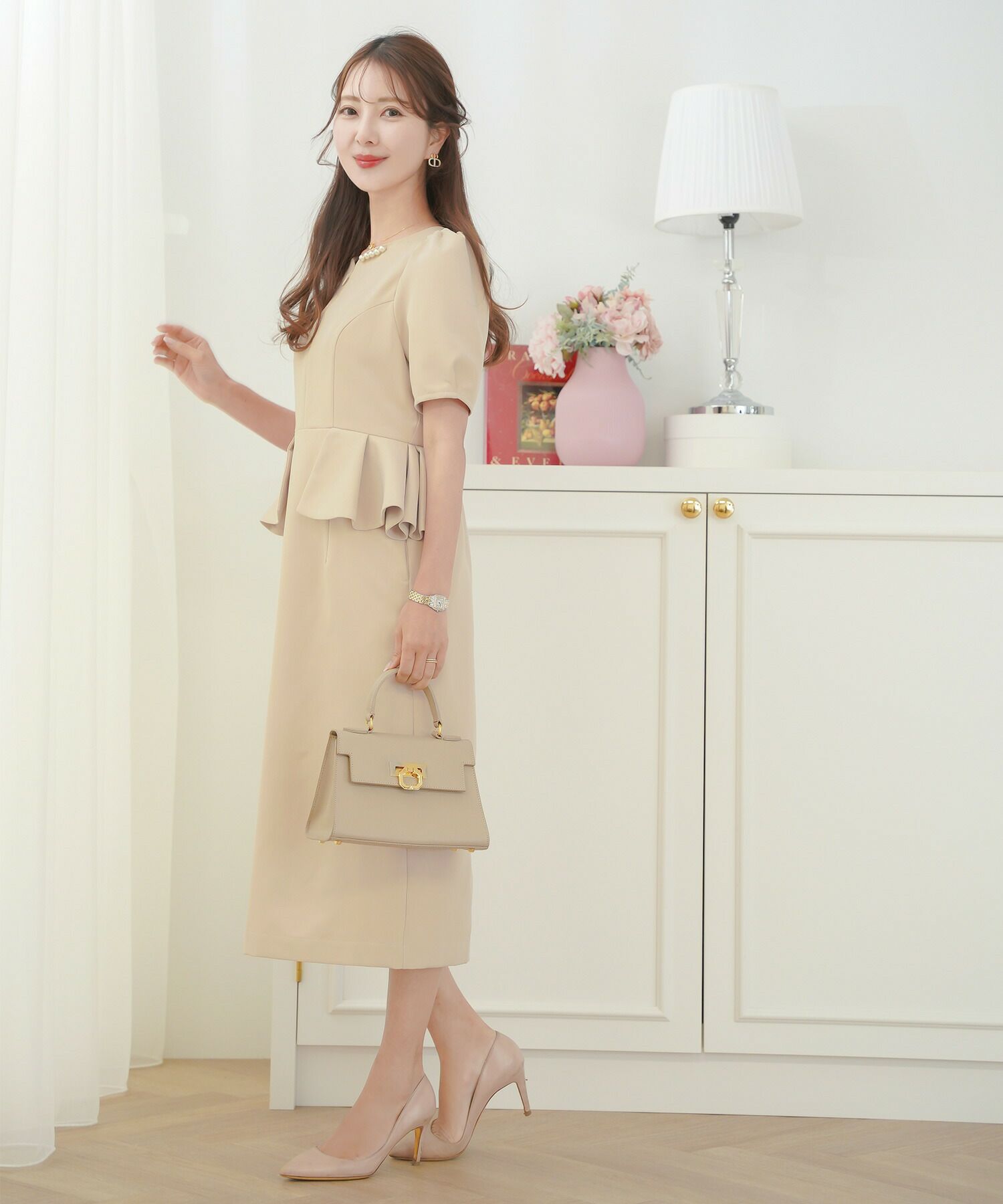 レディース/ワンピース/タイト/ペプラム/フロントファスナー/ハートネック/半袖/タック/スリット/シルエット/入卒園/授業参観/お宮参り/オケージョン/キレイ/綺麗/夏/春/体型カバー/ペプラム/ウエストゴム/上品/エレガント/フェミニン/20代/30代/40代/ママ/母/