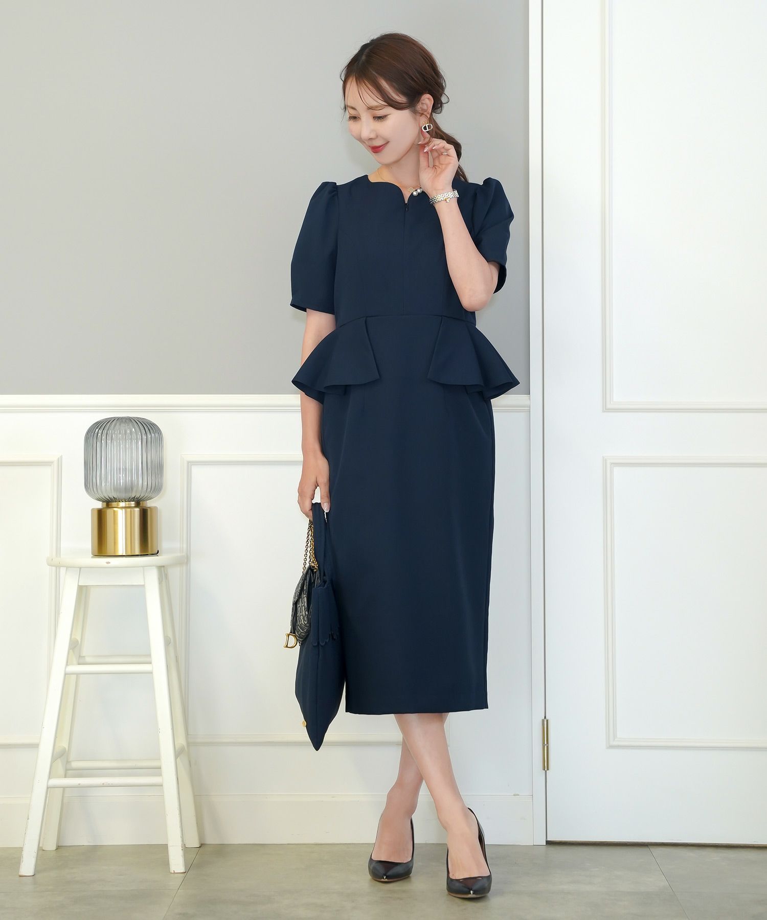 レディース/ワンピース/タイト/ペプラム/フロントファスナー/ハートネック/半袖/タック/スリット/シルエット/入卒園/授業参観/お宮参り/オケージョン/キレイ/綺麗/夏/春/体型カバー/ペプラム/ウエストゴム/上品/エレガント/フェミニン/20代/30代/40代/ママ/母/