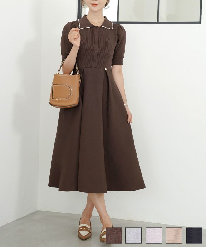 半袖パールトリム襟付きニットワンピースlerevevanillerブラウン/ブルーグレー/ラベンダー/ピンクベージュ/ネイビー