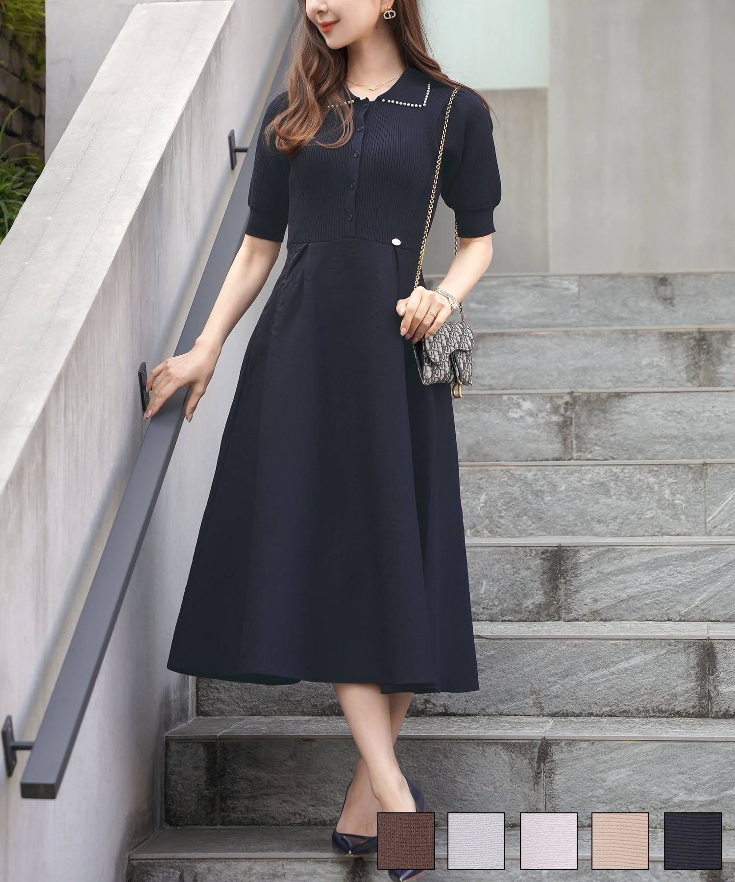 半袖パールトリム襟付きニットワンピースlerevevanillerブラウン/ブルーグレー/ラベンダー/ピンクベージュ/ネイビー