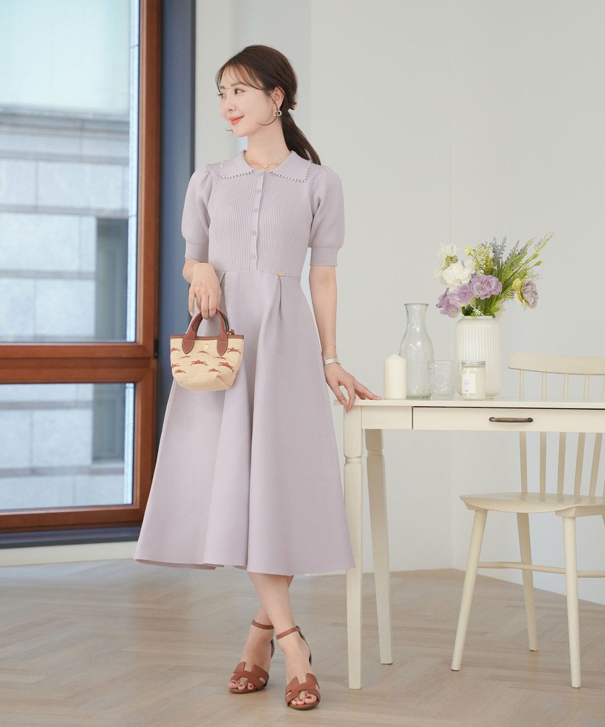 レディース/ワンピース/ニットワンピース/ニット/襟/パール/パールトリム/リブ編み/ロング/ミモレ/フレアシルエット/タック/前あき/ブルーグレー/ラベンダー/ピンクベージュ/ネイビー/上品/エレガント/フェミニン/大人/ヒット/リニューアル/半袖/新色/ブラウン