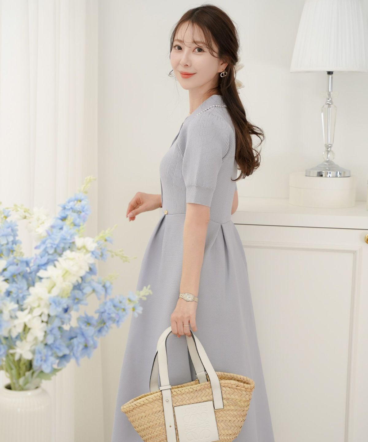 レディース/ワンピース/ニットワンピース/ニット/襟/パール/パールトリム/リブ編み/ロング/ミモレ/フレアシルエット/タック/前あき/ブルーグレー/ラベンダー/ピンクベージュ/ネイビー/上品/エレガント/フェミニン/大人/ヒット/リニューアル/半袖/新色/ブラウン