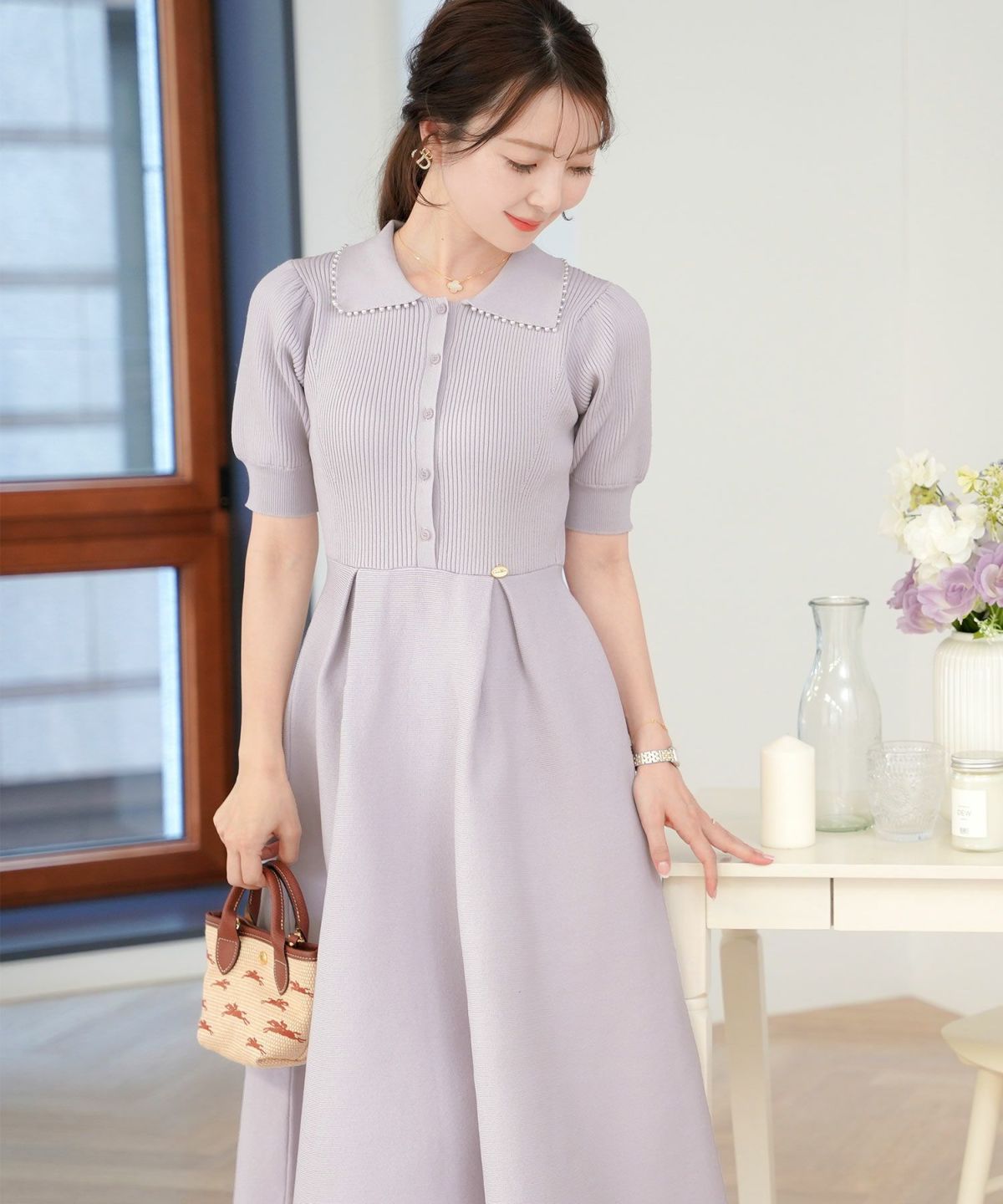 レディース/ワンピース/ニットワンピース/ニット/襟/パール/パールトリム/リブ編み/ロング/ミモレ/フレアシルエット/タック/前あき/ブルーグレー/ラベンダー/ピンクベージュ/ネイビー/上品/エレガント/フェミニン/大人/ヒット/リニューアル/半袖/新色/ブラウン