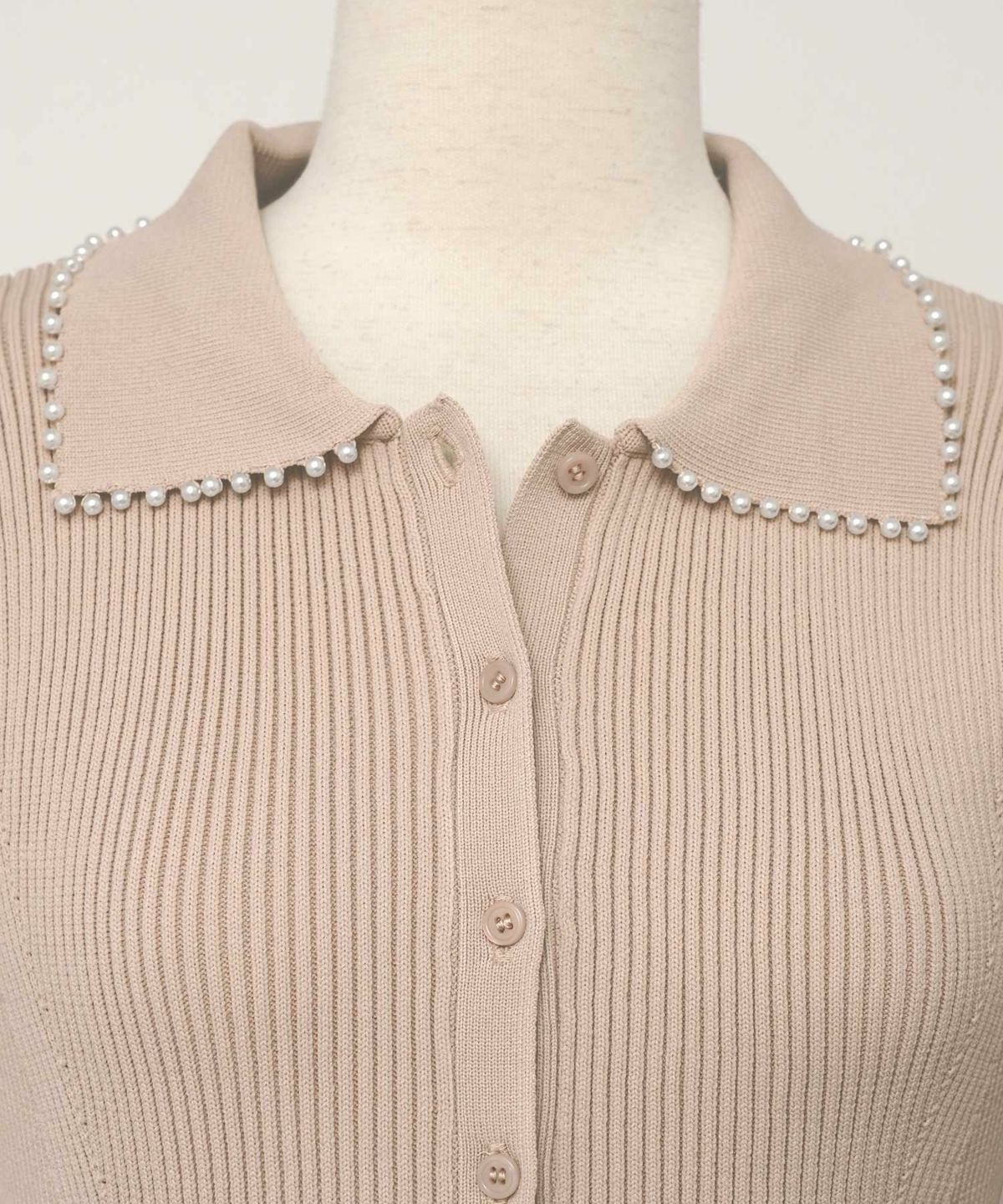 レディース/ワンピース/ニットワンピース/ニット/襟/パール/パールトリム/リブ編み/ロング/ミモレ/フレアシルエット/タック/前あき/ブルーグレー/ラベンダー/ピンクベージュ/ネイビー/上品/エレガント/フェミニン/大人/ヒット/リニューアル/半袖/新色/ブラウン