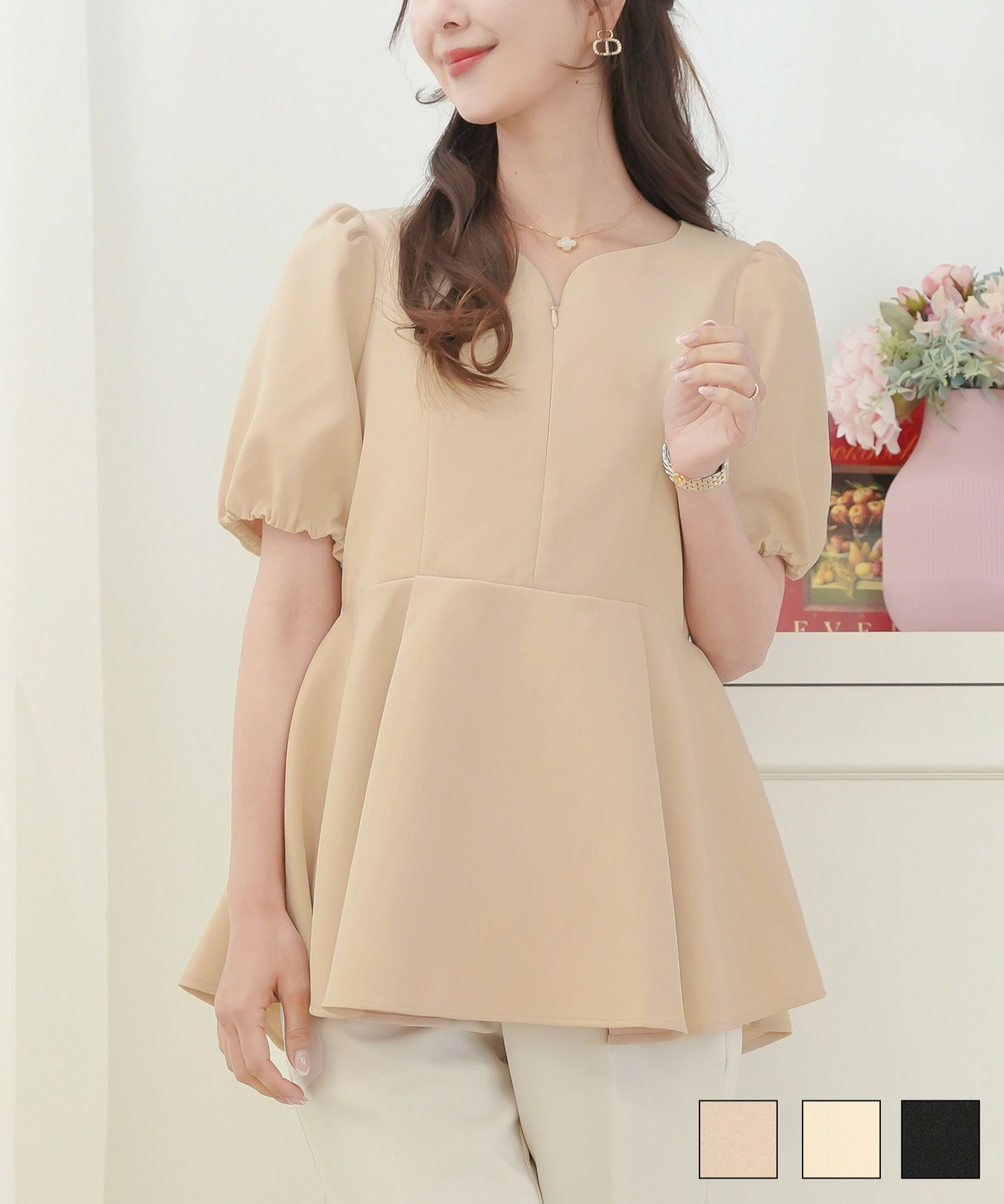 ハートネックフロントファスナーペプラムブラウスlerevevanillerピンクベージュ/バターイエロー/ブラック