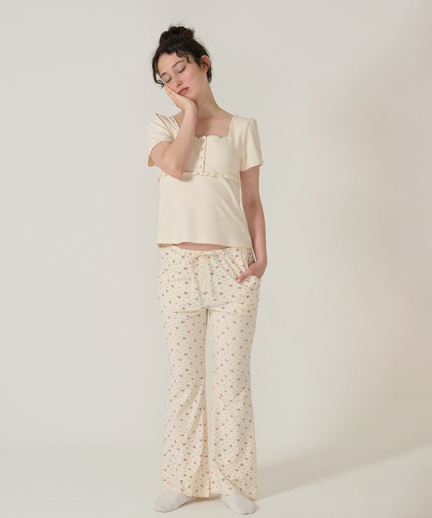 パンツ/フレア/花柄/アイボリー