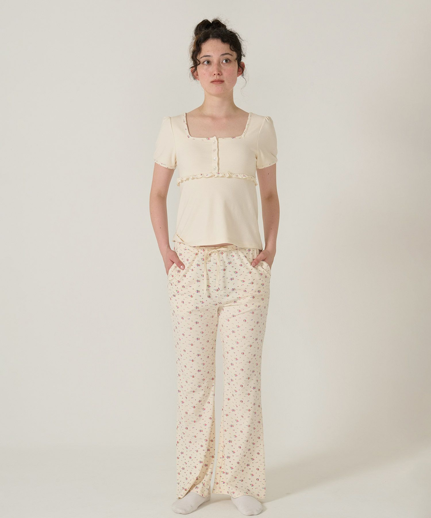 パンツ/フレア/花柄/アイボリー