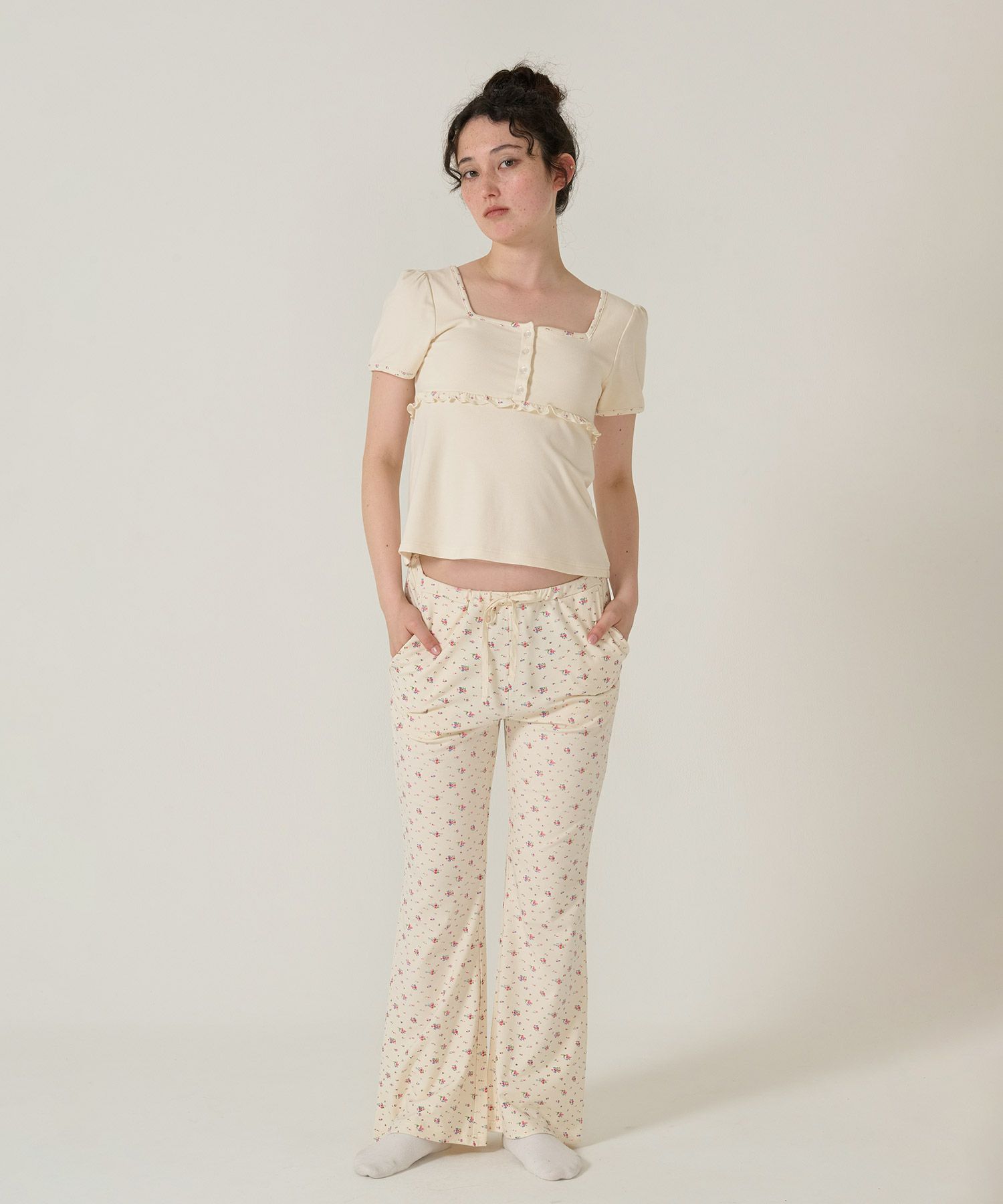 パンツ/フレア/花柄/アイボリー