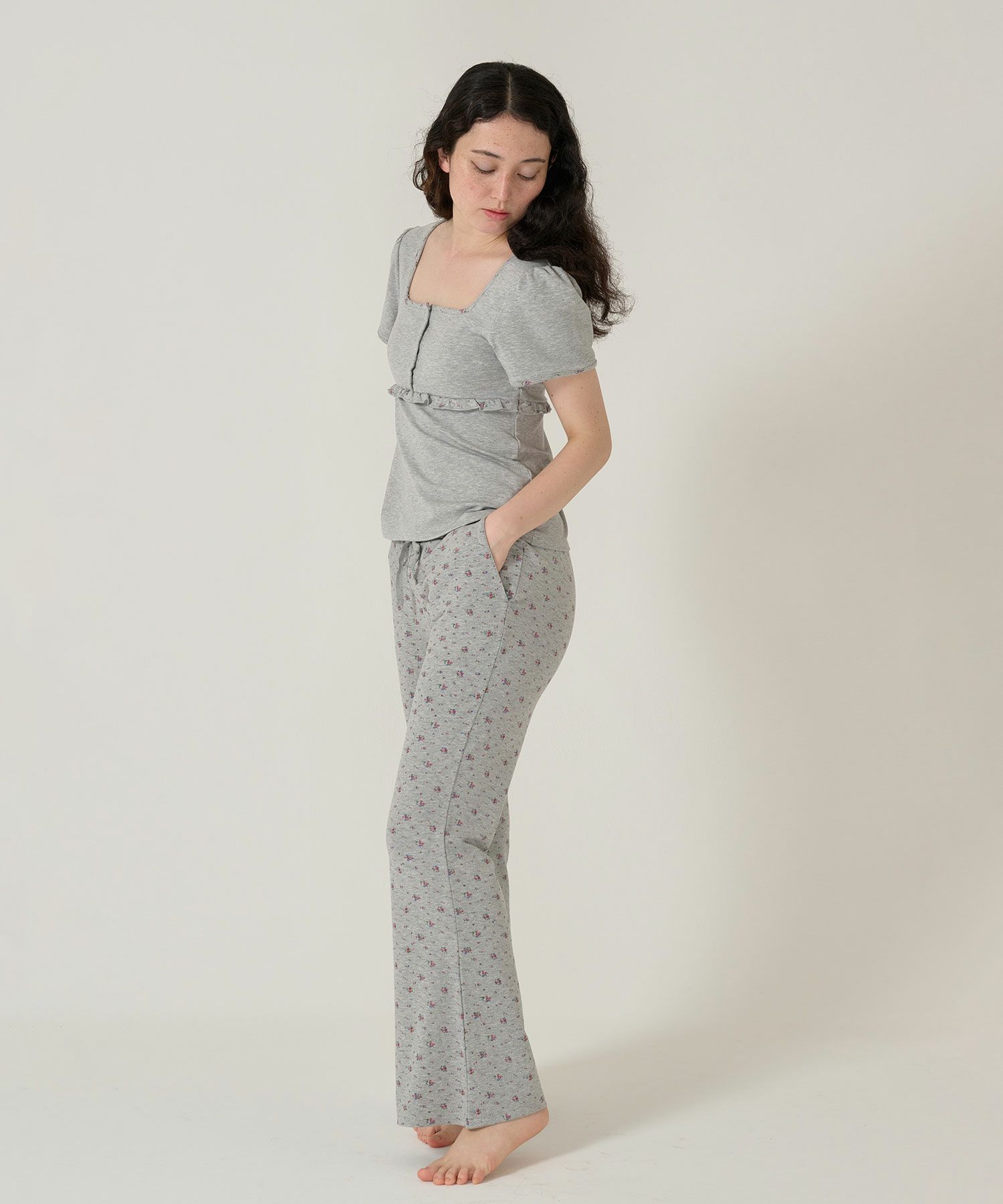 パンツ/フレア/花柄/グレー