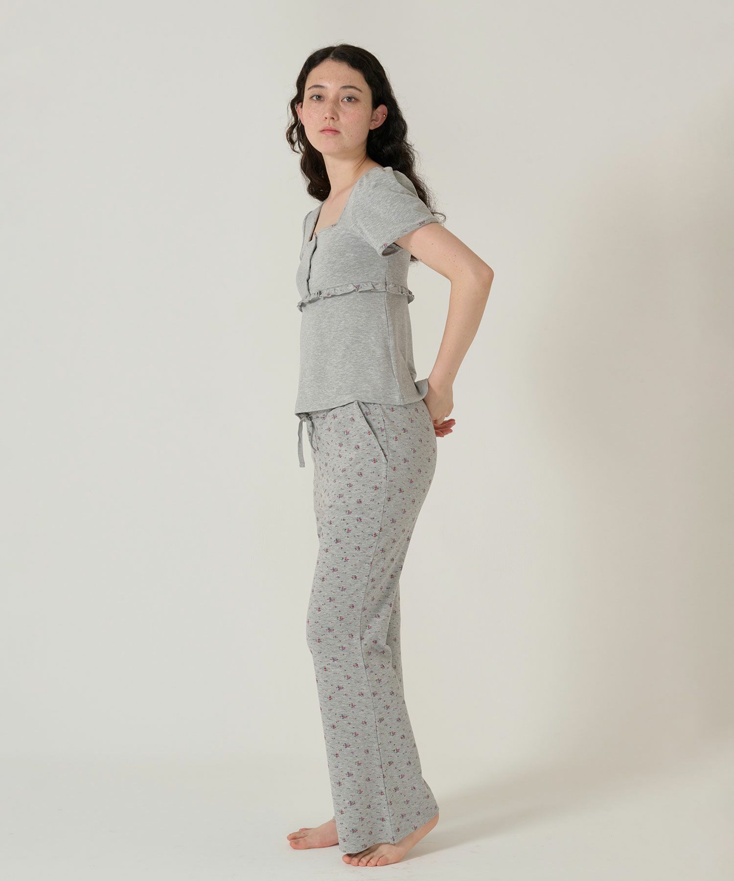 パンツ/フレア/花柄/グレー