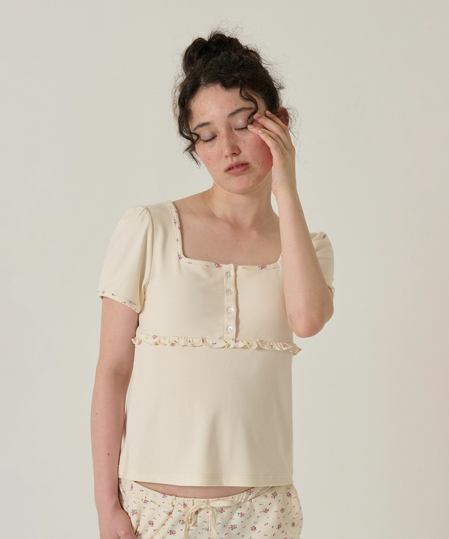 トップス/パッド付/半袖/花柄/アイボリー