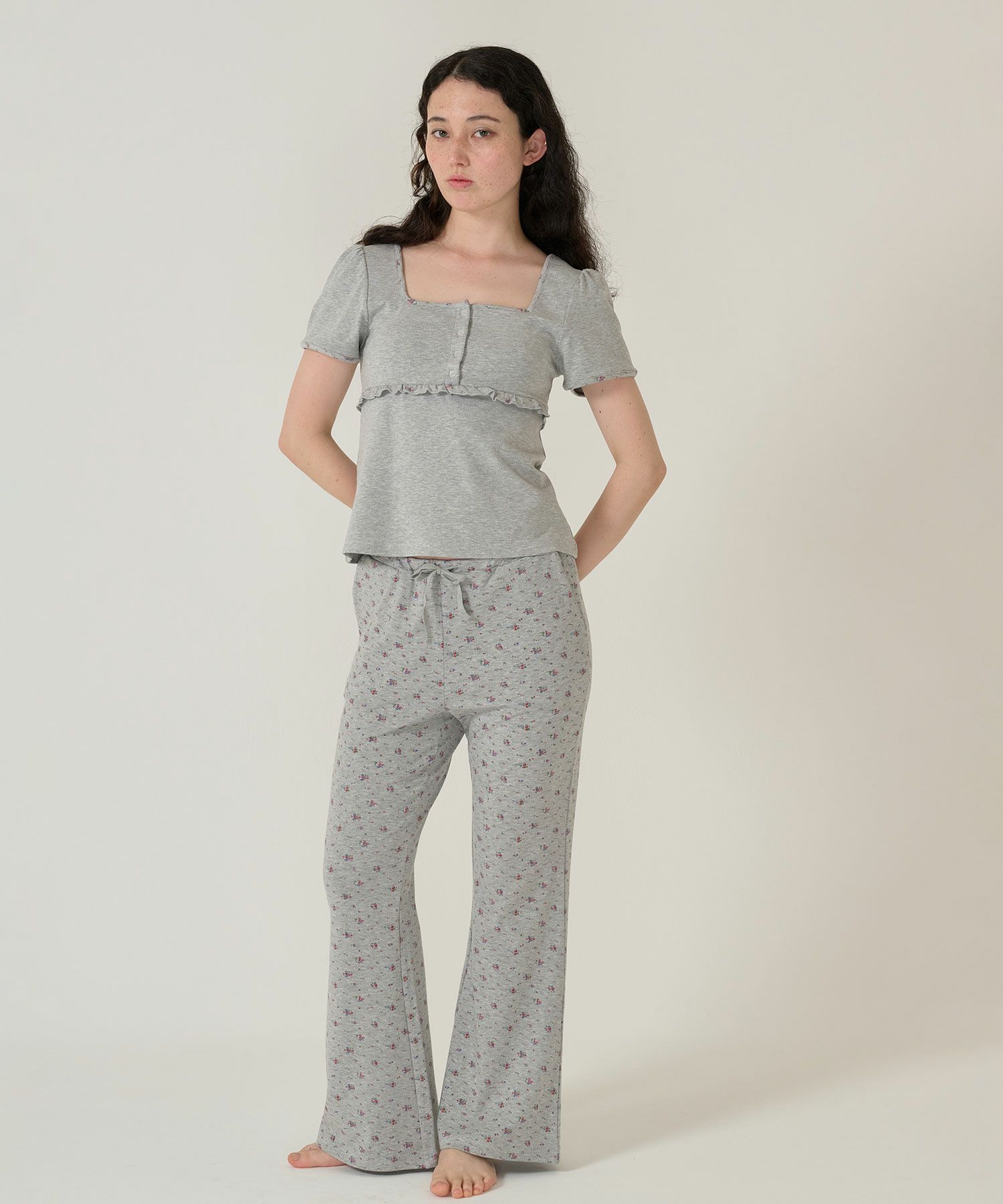 トップス/パッド付/半袖/花柄/グレー