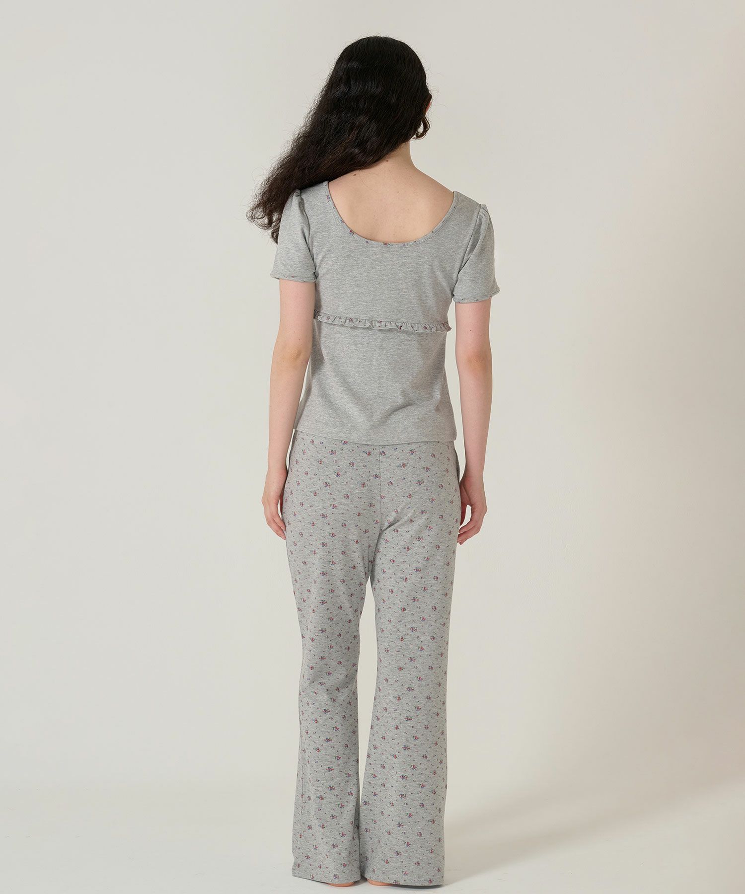 トップス/パッド付/半袖/花柄/グレー