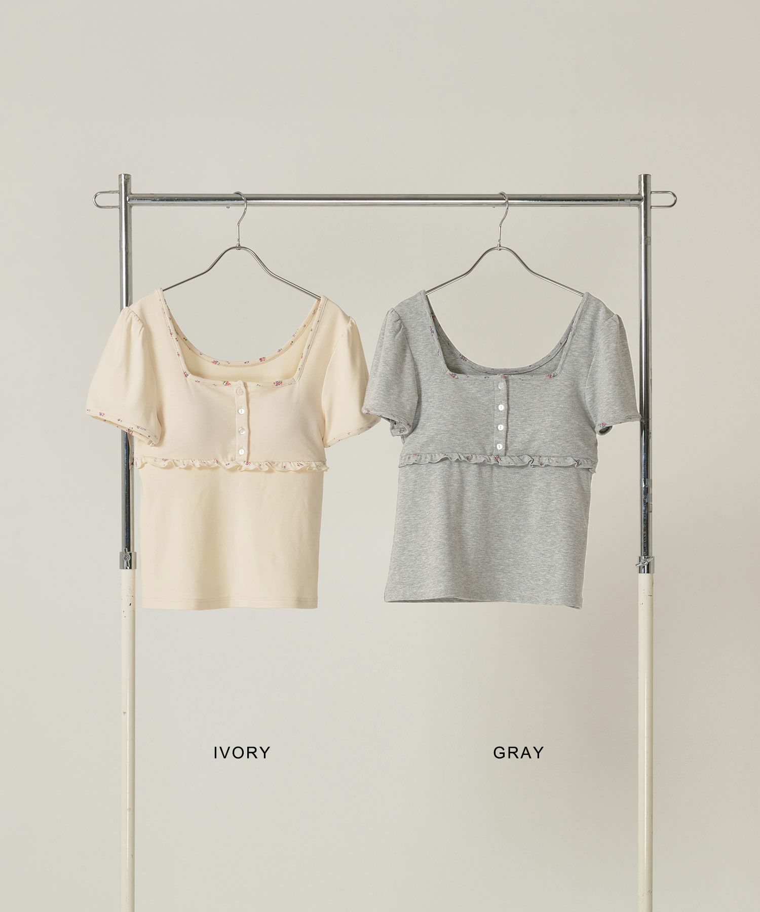 トップス/パッド付/半袖/花柄/アイボリー/グレー