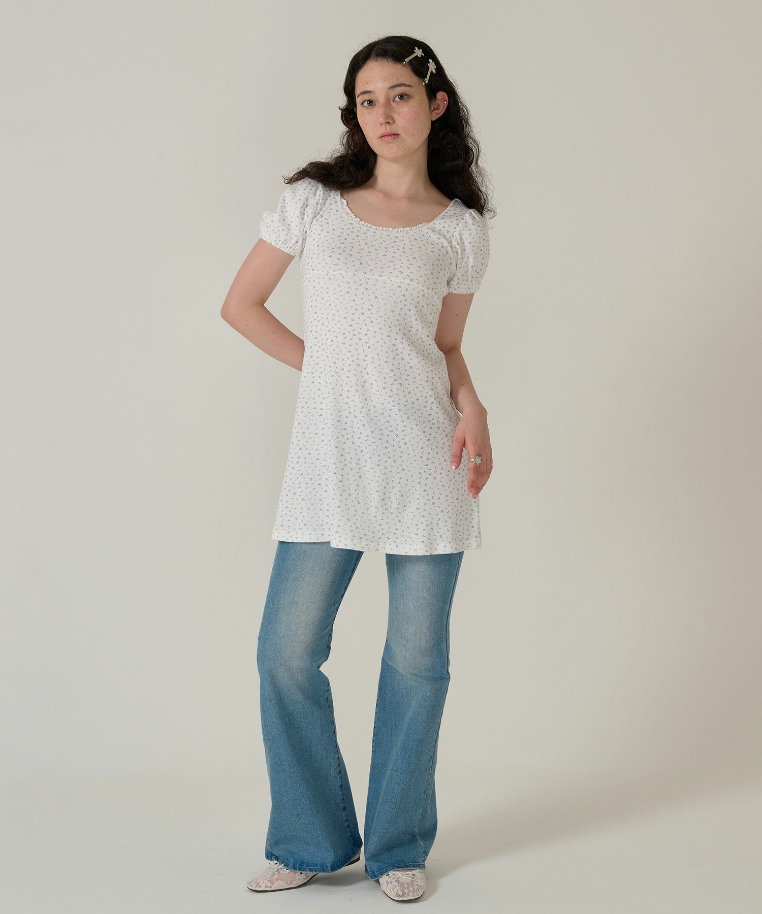 ワンピース/花柄/半袖/ホワイト