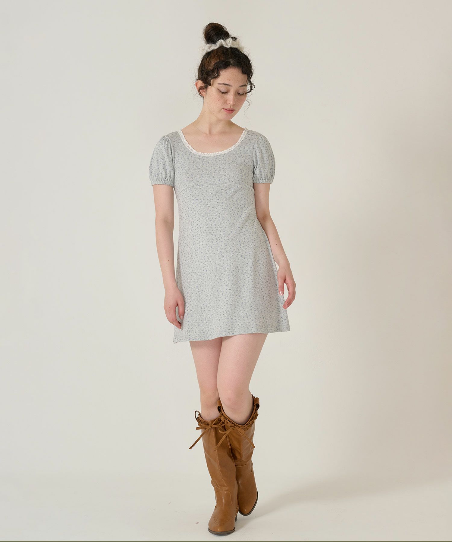 ワンピース/花柄/半袖/グレー