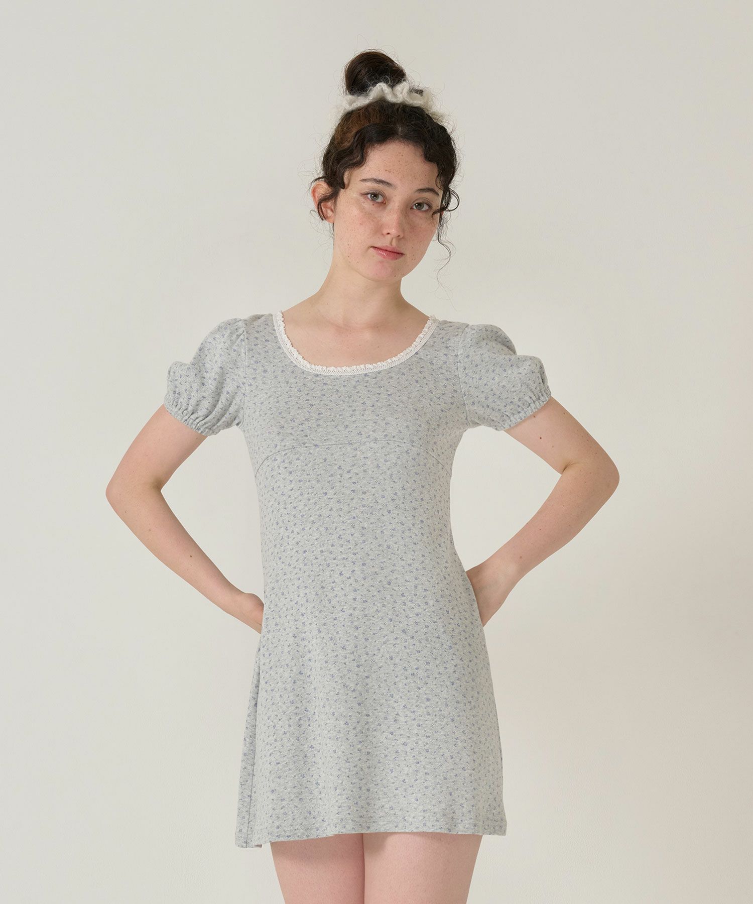 ワンピース/花柄/半袖/グレー