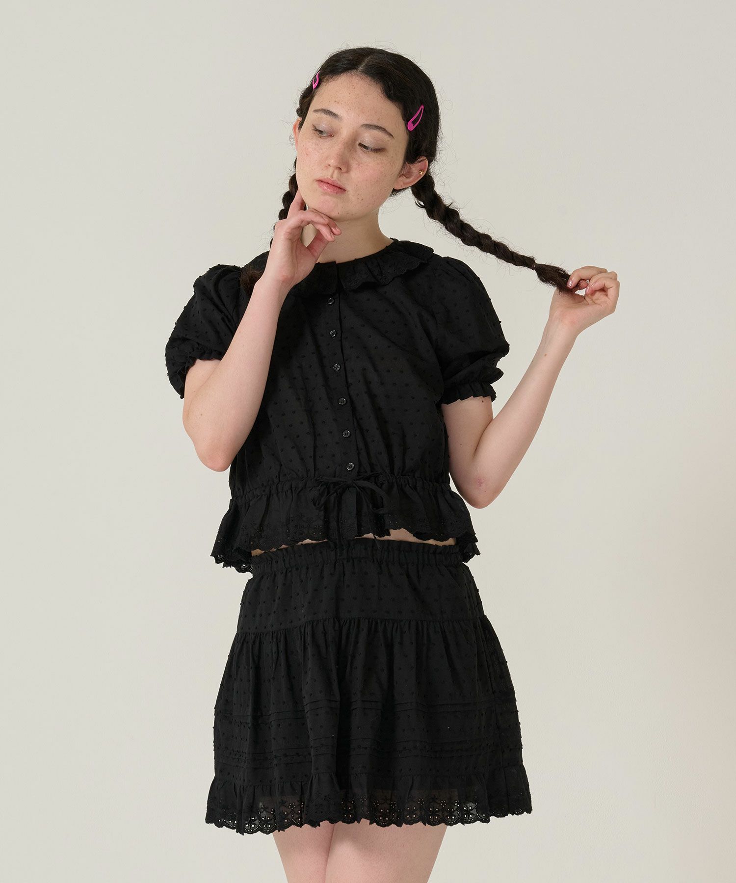 ブラウス/半袖/トップス/ブラック