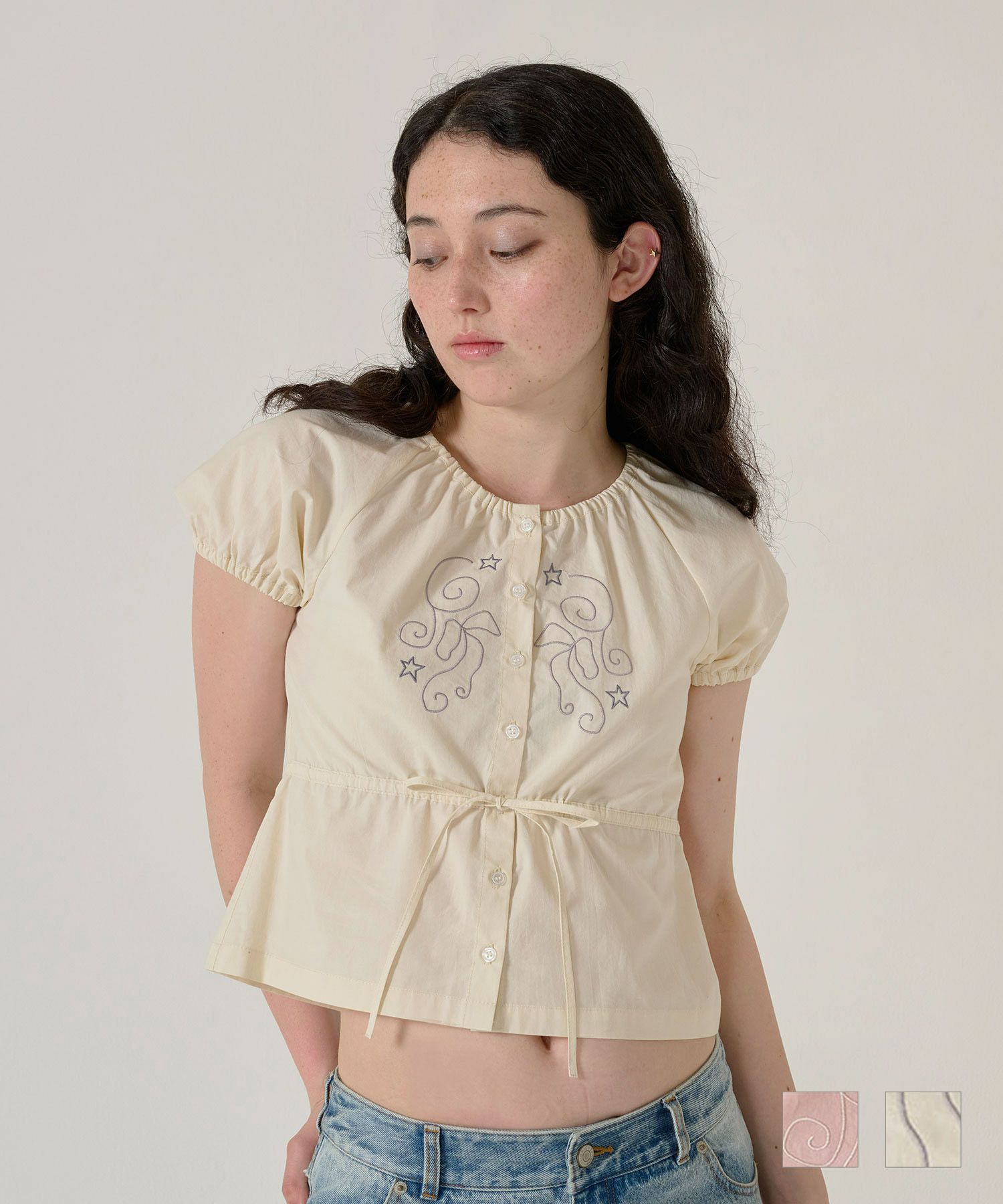 トップス/ブラウス/半袖/刺繍/クリーム