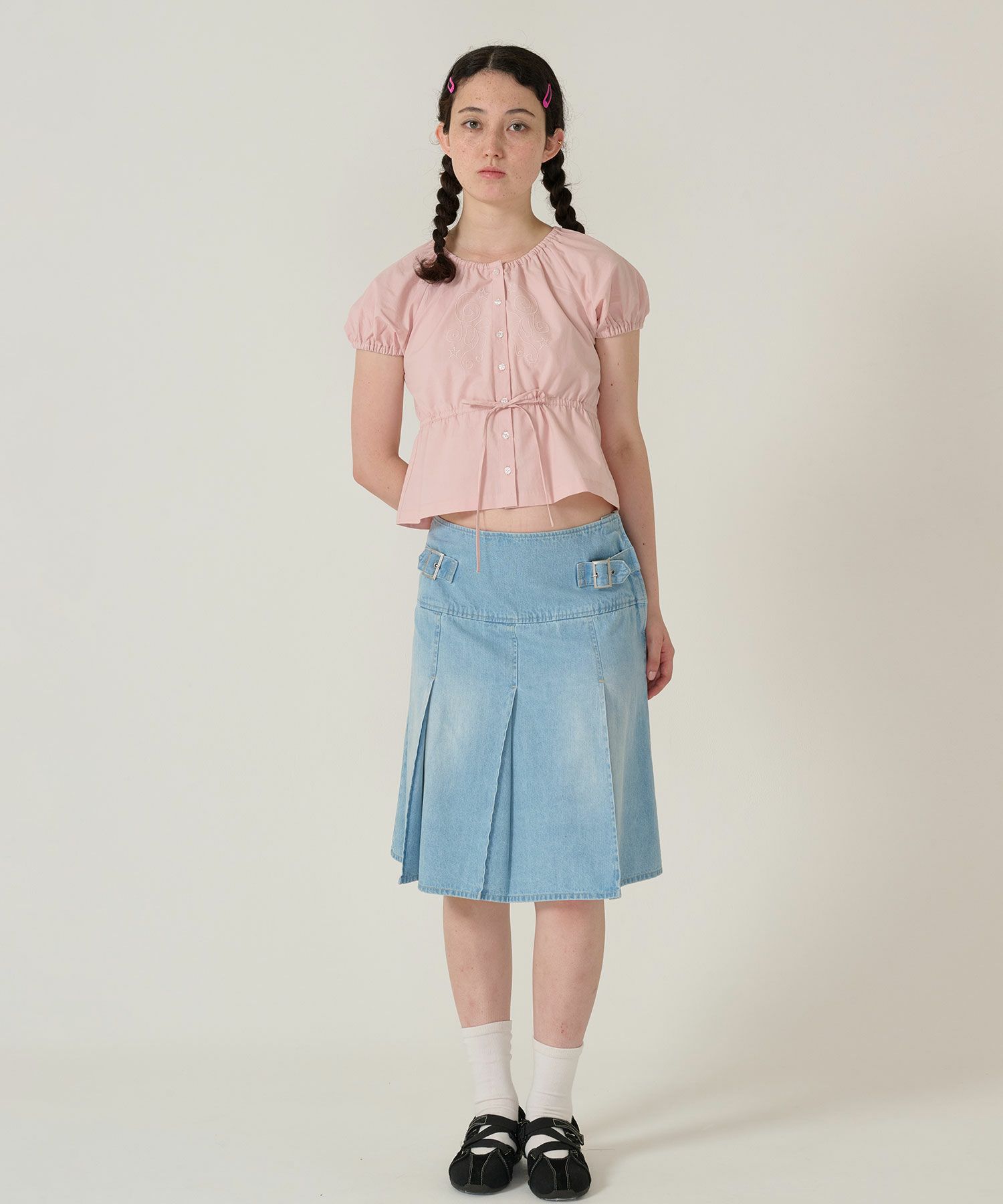 トップス/ブラウス/半袖/刺繍/ピンク